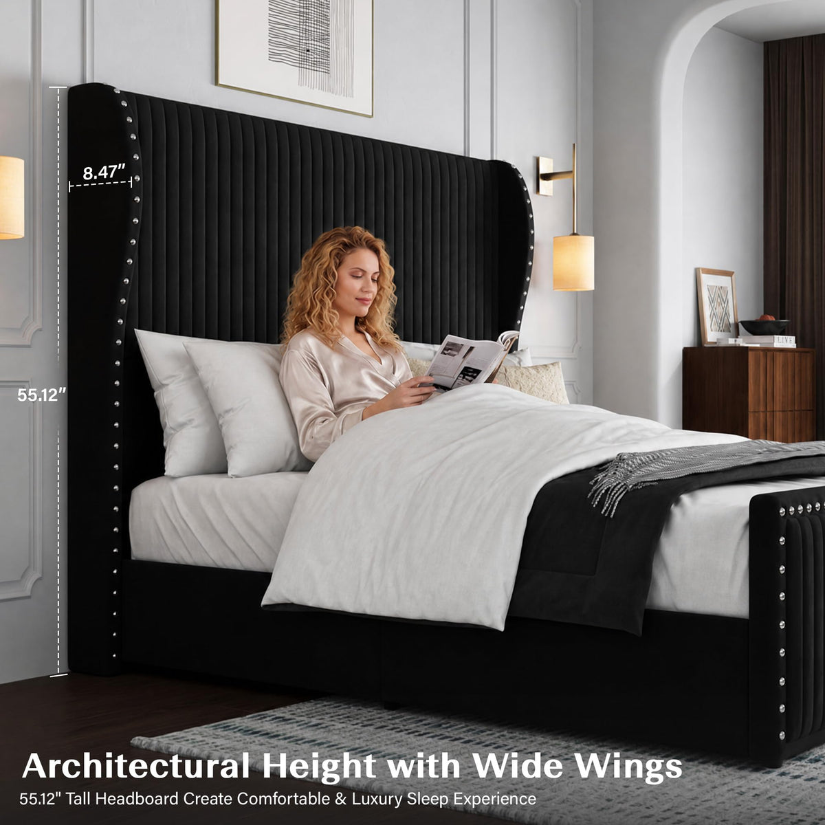 Belffin King Size Bed Frame with 55" Headboard Nailhead Trim Design, White