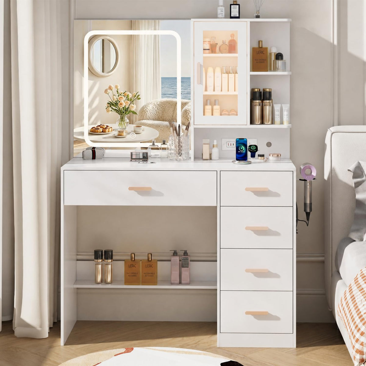 BZK Vanity Desk with LED Lights Mirror, White Makeup Vanity Set with 5 Drawers, Tempered Cabinet, Charging Station, Hair Dryer Rack & Cushion Stool, Dressing Table - Modern Bedroom Furniture