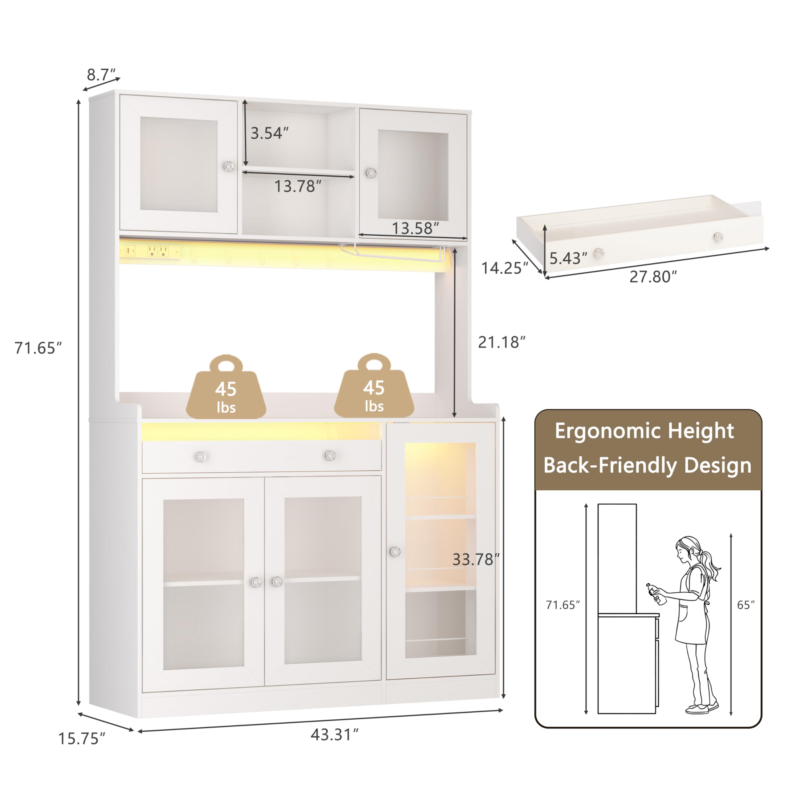 Korfile 71" Pantry Cabinet, Tall Kitchen Pantry Cabinet with Charging Station & LED Light, Kitchen Hutch with Wine Rack, Pantry Storage Cabinets with Microwave Stand for Dining Room, White