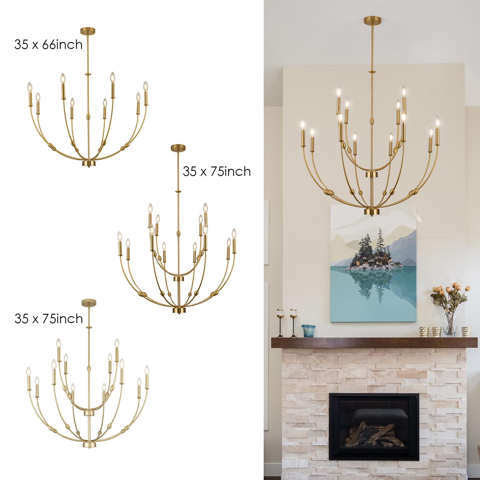 ACANER Modern Gold Chandelier, 12- Light Large Chandelier for High Ceilings, 35 inch 2-Tier Candle Style Rustic Hanging Light Fixture for Living Room Foyer Entryway
