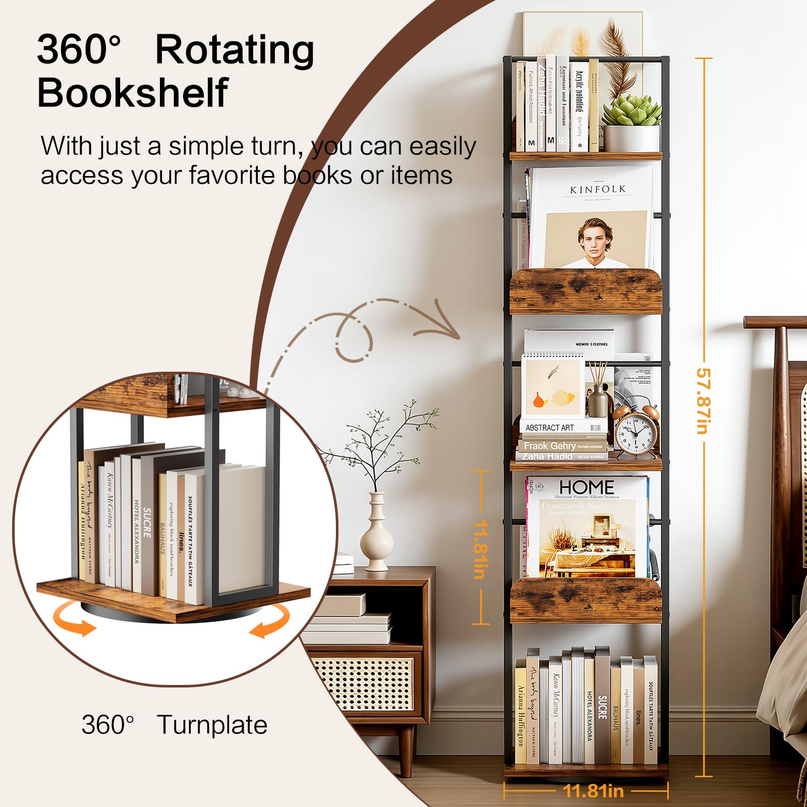 Bikoney Rotating Bookshelf, 360 Display Spinning Bookshelf Tower, 5-Tier Narrow Bookcase, Tall Industrial Book Shelf Organizer, Small Corner Book Shelves for Living Room, Black