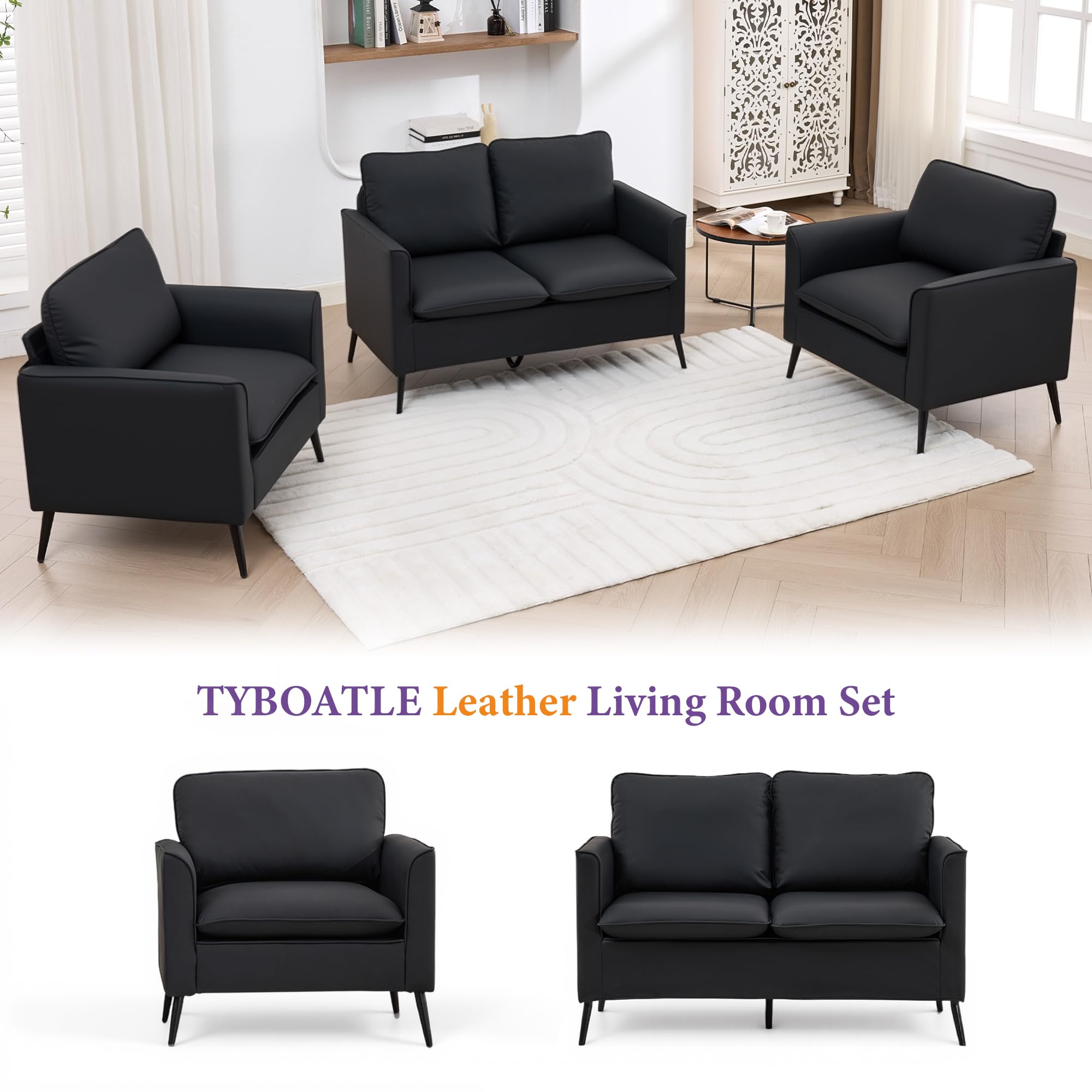 TYBOATLE Faux Leather Loveseat Sofa, Comfy Small Love Seat Mini Couch with 2 Pillows, Mid-Century Modern 2 Seater Couches for Small Spaces, Living Room, Bedroom, Apartment, Office, Dorm (Black, 1)
