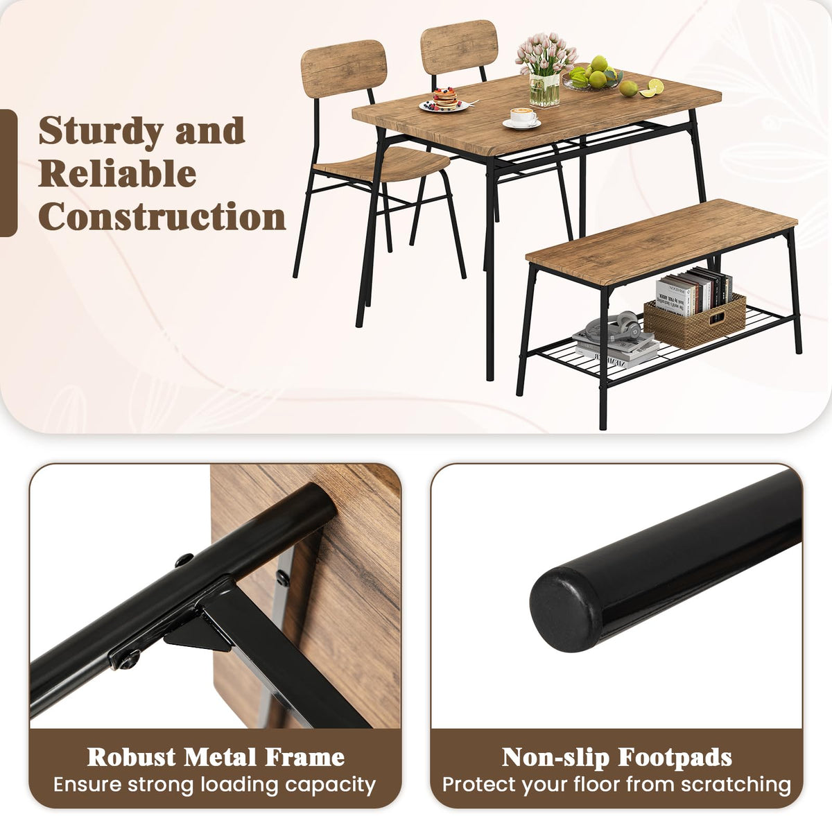 GOFLAME 4-Piece Dining Table Set for 4, Industrial Rectangular Kitchen Table with Bench and 2 Chairs, Storage Racks, Metal Frame, Space-Saving Dinette Set for Dining Room, Living Room, Breakfast Nook