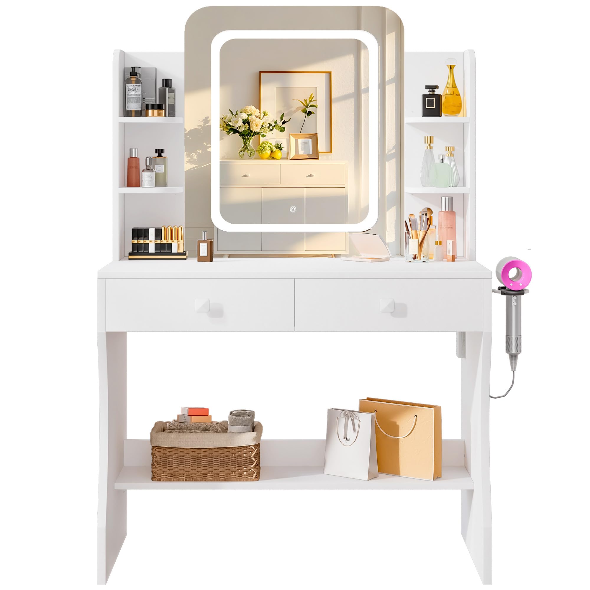 LIVELYGLOW Small Makeup Vanity Desk with Smart LED Mirror & Power Outlet, 29.5" White Vanity Table with Hairdryer Rack, 5 Storage Shelves & 2 Drawers, Compact Dressing Table for Small Spaces