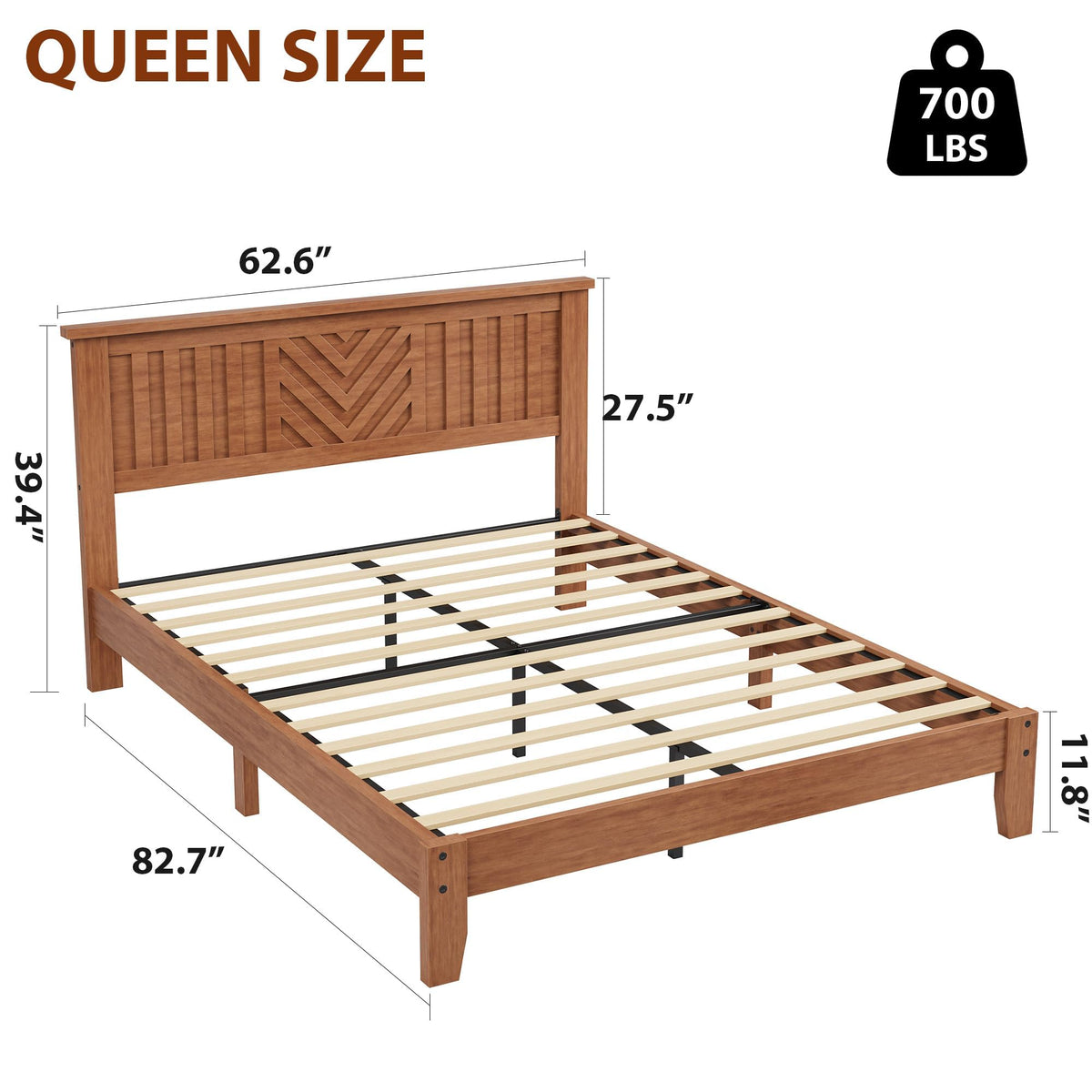Garvee Wooden Queen Platform Bed Frame with V-Pattern Headboard, Noise-Free Slat Support, No Box Spring Needed, Easy Assembly, 7.8" Under-Bed Storage Space, Light Brown