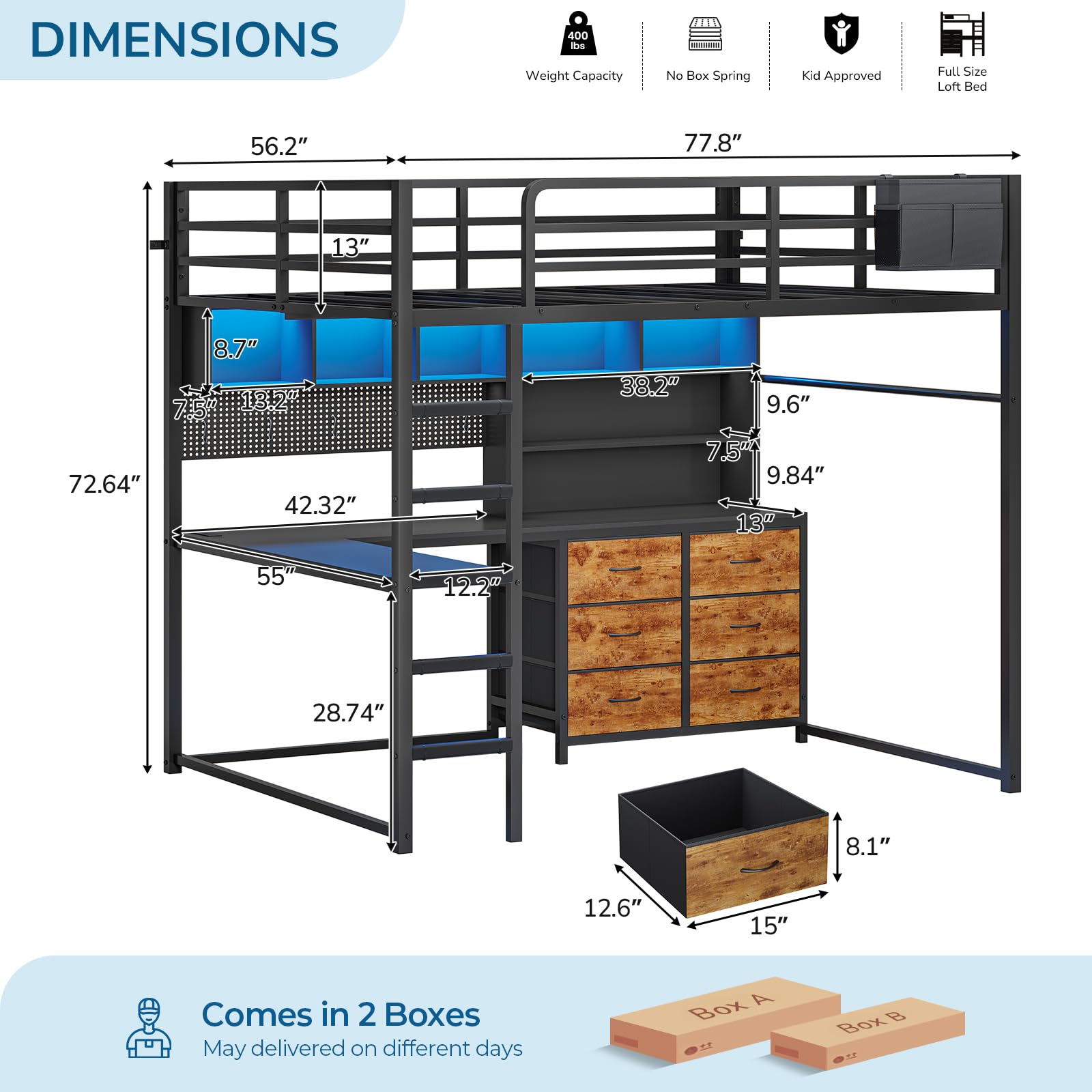 Full Size Loft Bed with L-Shaped Desk & Storage
