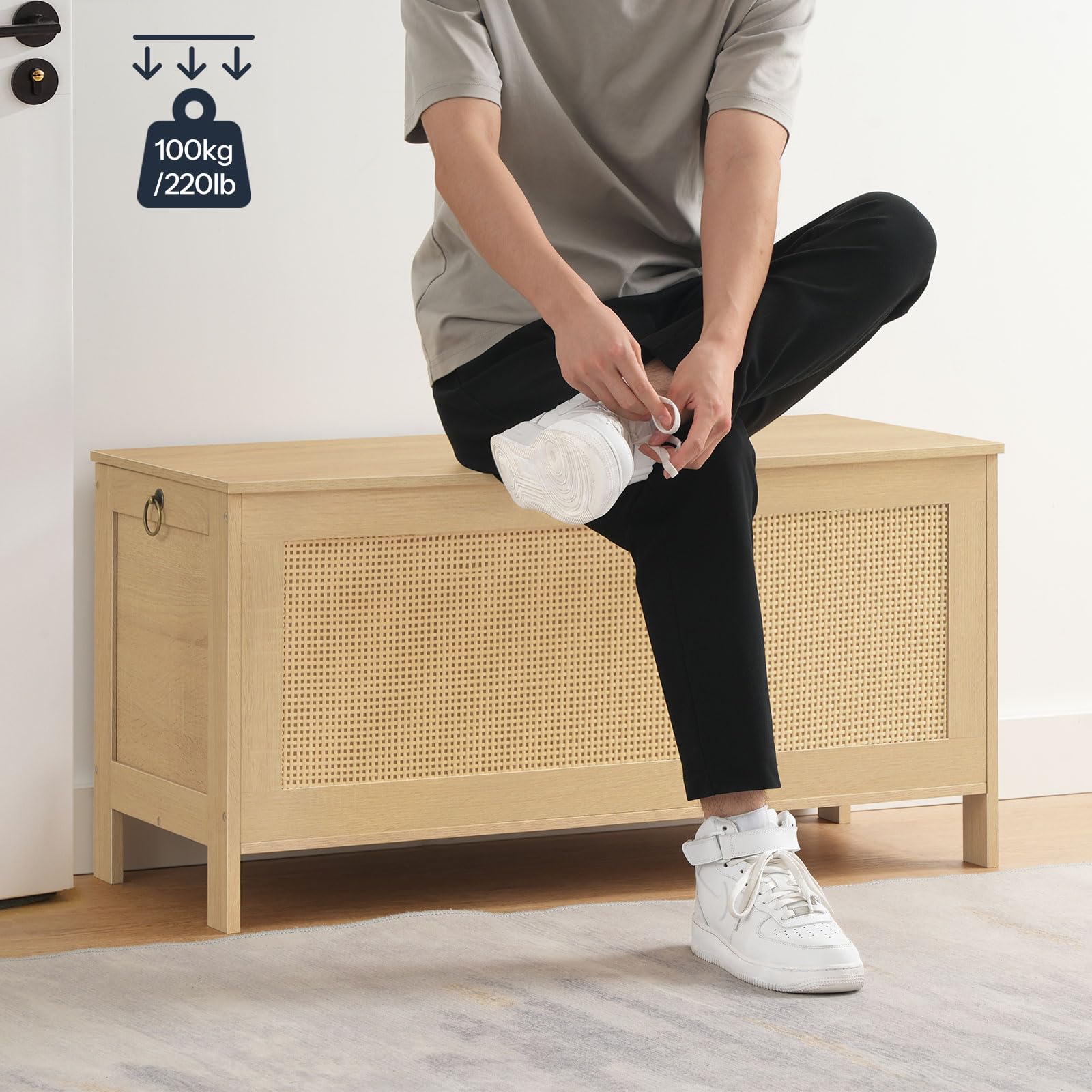 Storage Bench with Faux Rattan Lid & Safety Hinge