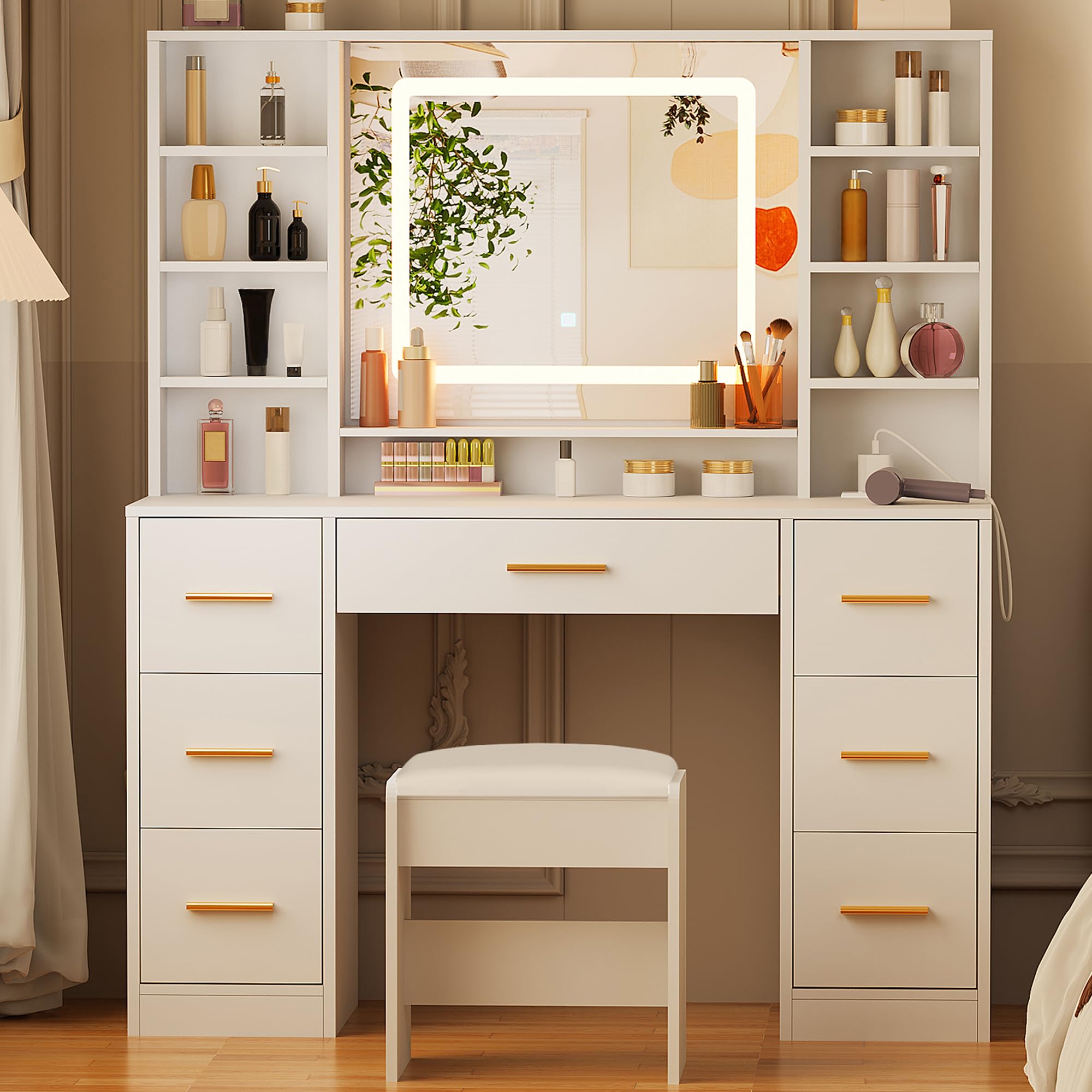 ANWBROAD Vanity Desk Table with Lighted Mirror 39.4“ Girls Makeup Vanity with Power Outlet 3 Colors Lighting Adjustable Brightness Vanity Table for Women Bedroom Dressing Room White UBDT65W