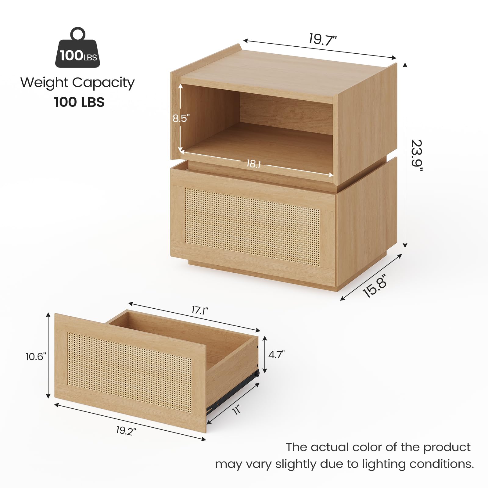 Sikaic Rattan Nightstand Set of 2, Modular Stackable Side Table with Drawer, Bedside End Table with Open Shelf for Bedroom, Small Spaces Natural