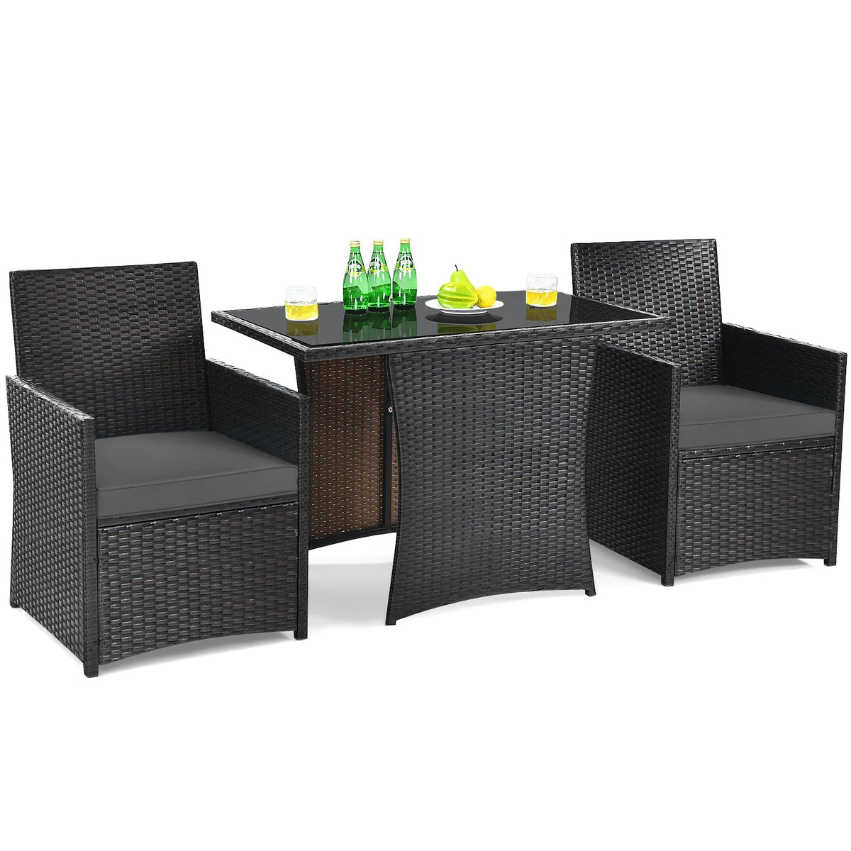 DORTALA Wicker Patio Bistro Set 3 Piece, Outdoor Table and Chairs with Tempered Glass Tabletop, Cushions, Small Rattan Furniture Conversation Sofa Set for Balcony, Porch, Backyard, Deck, Grey