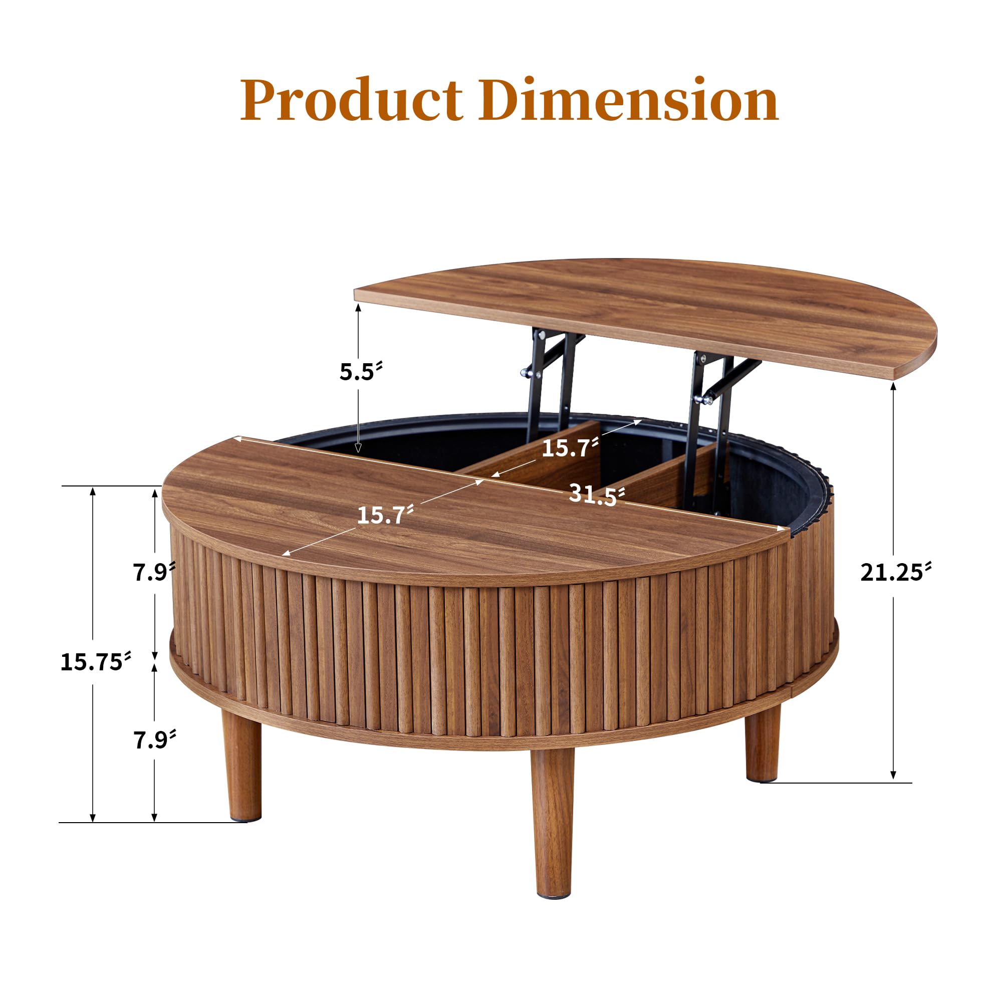 Janmer Home Round Lift Top Coffee Table with Storage, Fluted Mid Century Modern Coffee Tables, Small Space,31.5" Wooden Center Table for Living Room, Apartment, Office (Walnut)