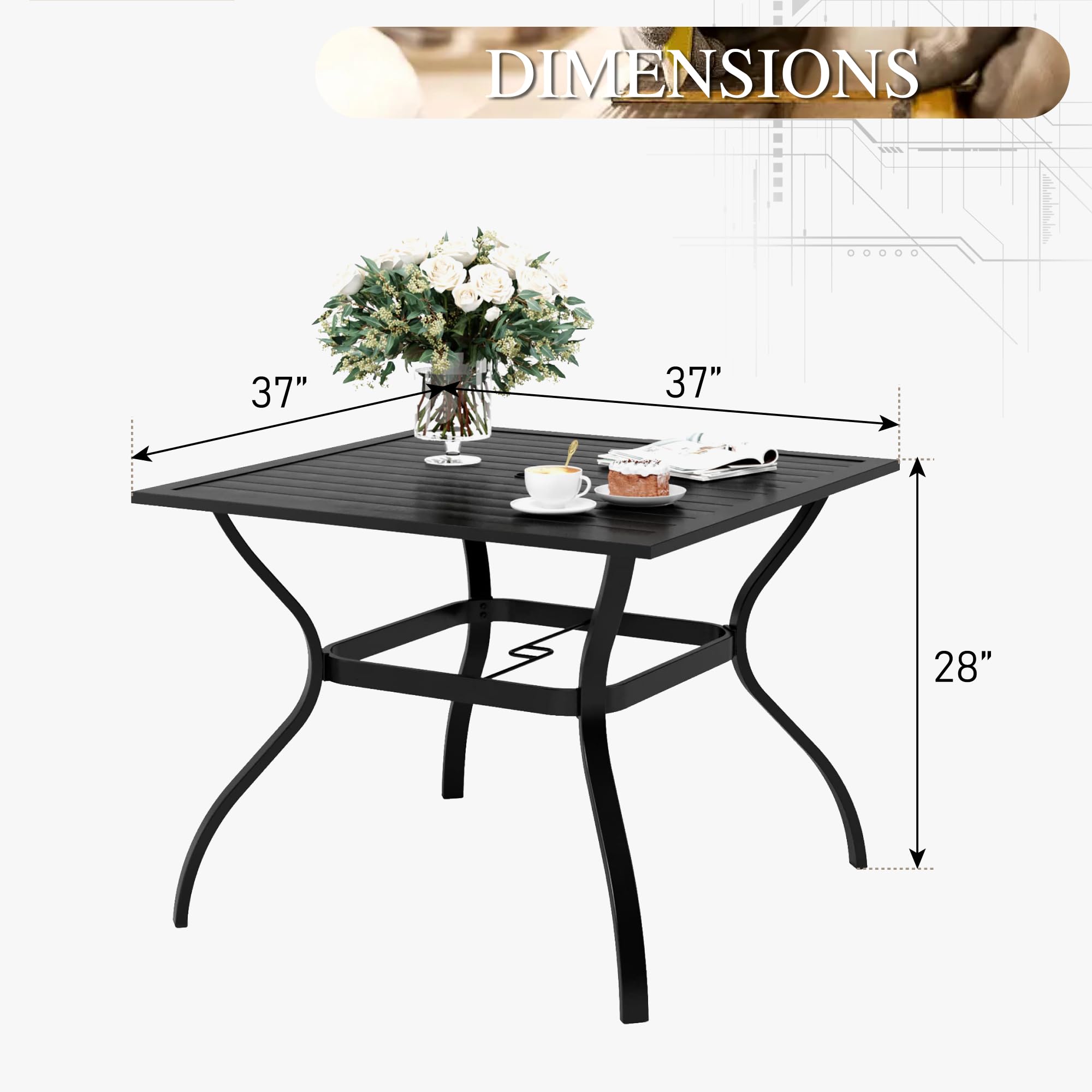 PHI VILLA 37" Patio Table for 4, Metal Outdoor Dining Table with E-Coating, Square Steel Slated Outdoor Table with 1.57" Umbrella Hole for Garden Backyard, Black