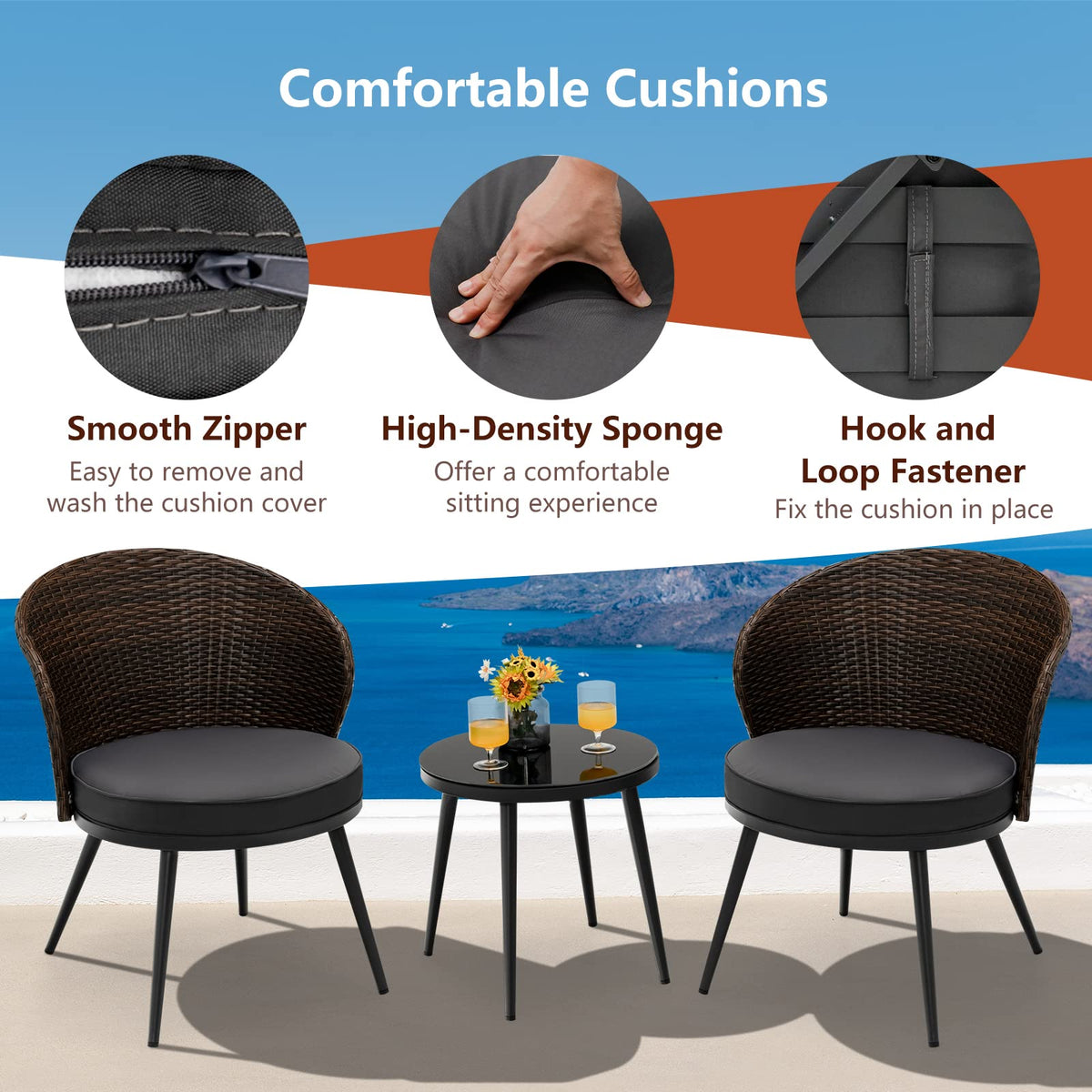 Tangkula 3 Piece Patio Rattan Bistro Set, Outdoor Wicker Conversation Set W/ 2 Seat Cushions, Tempered Glass Tabletop, Adjustable Footpads, Suitable for Indoor, Backyard, Poolside (Gray)
