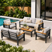 Relax Tree Aluminum Outdoor Patio Furniture, 5 Piece 7-Seat Conversation Set with 2 Chairs, Loveseat, 3-Seat Sofa and Coffee Table, Thick Cushions, Waterproof Covers, Gray