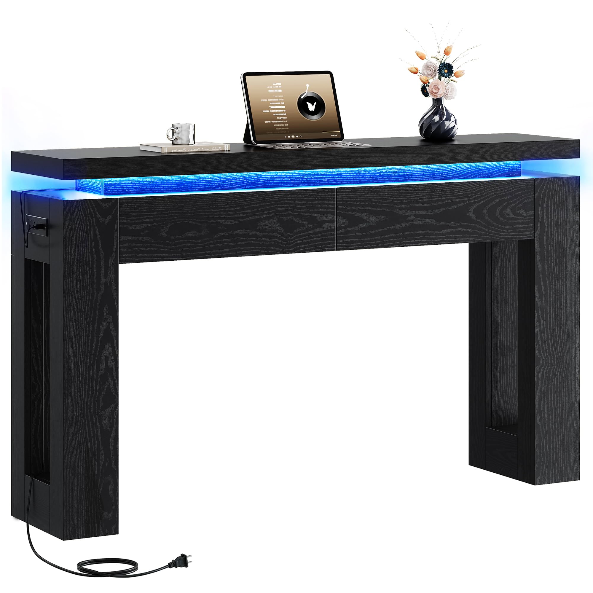 LIKIMIO Console Table with Drawers, Modern Entryway Table with LED Lights and Charging Station, Narrow Sofa Table with Storage Behind Couch for Entrance, Hallway, Living Room, Black