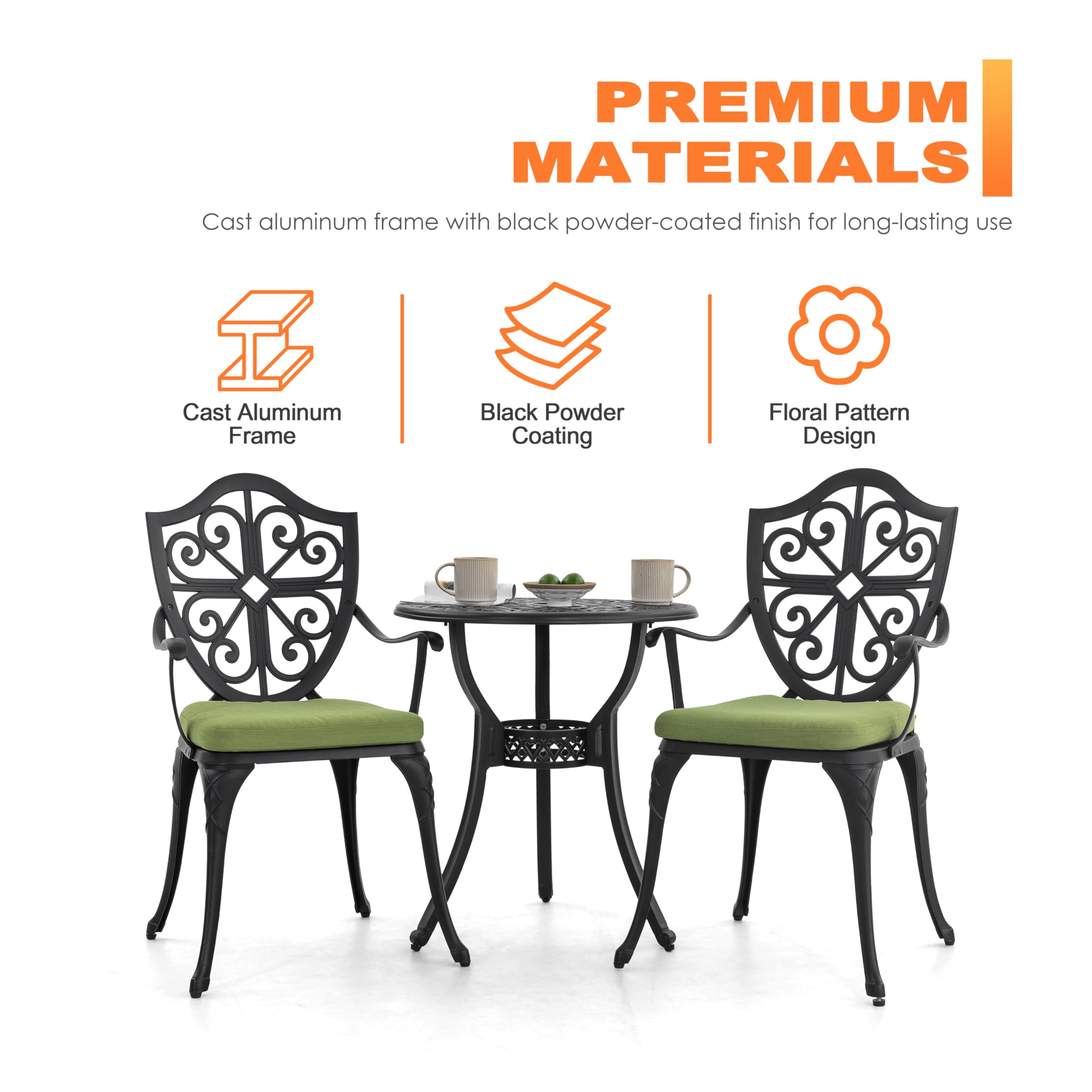 3-Piece Cast Aluminum Bistro Set with Cushions