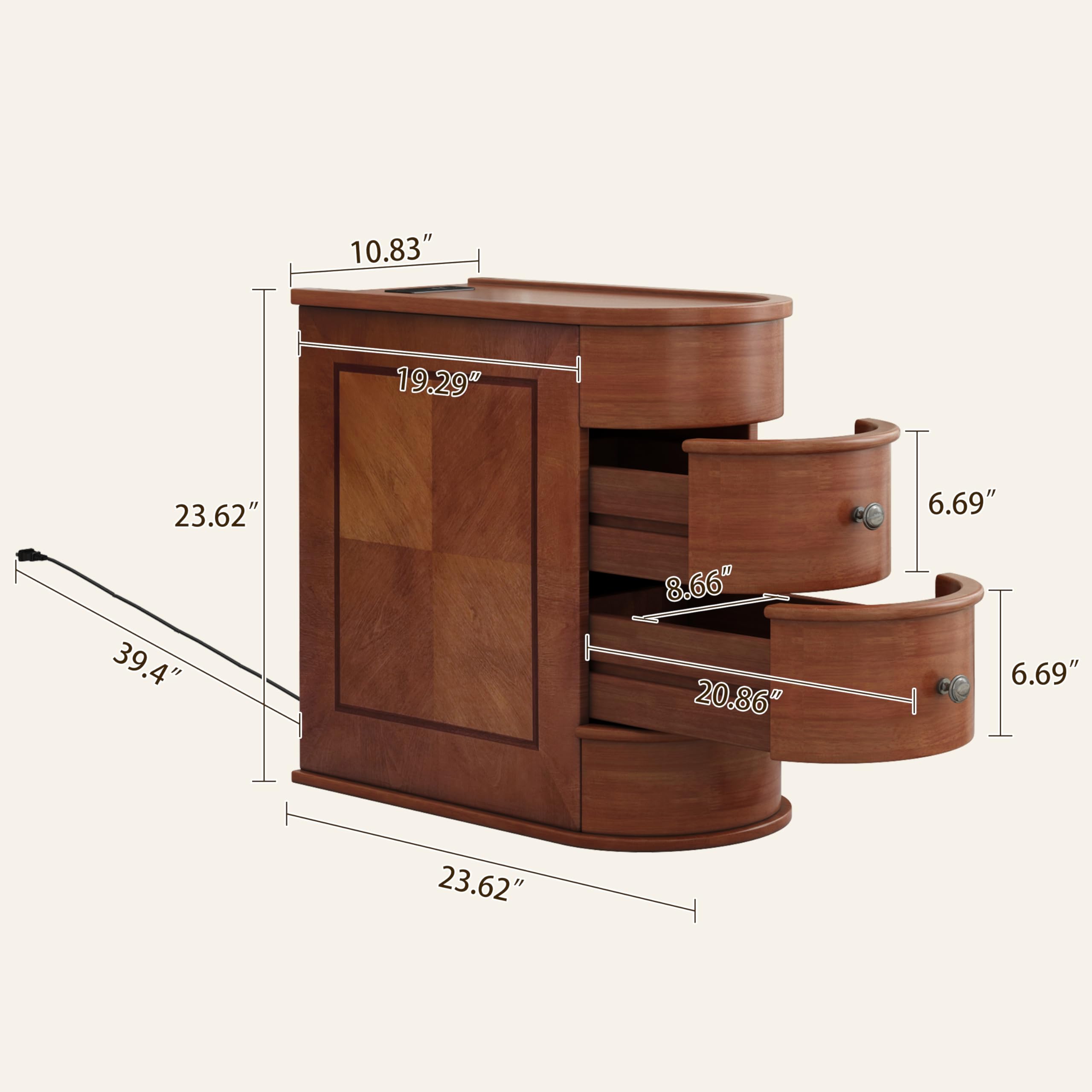 FAVSH Narrow End Table with Charging Station, Vintage Slim Sofa Side Table & Nightstand with 2 Drawers, Compact Wood Storage for Living Room Bedroom Small Spaces, Fully Assembled, Brown