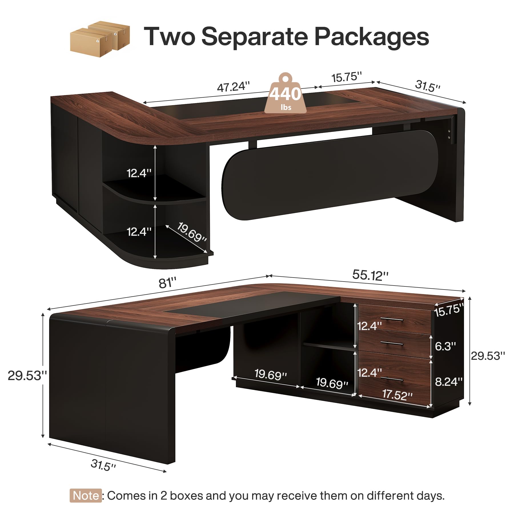 Tribesigns 81'' L-Shaped Executive Desk, Large Modern Office Desk with Drawers and File Cabinet for Home or Business Workspace, Computer Desk with Storage Shelves, Walnut & Black