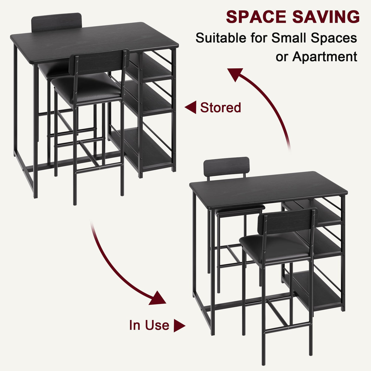 TricaLktdp 3 Piece Dining Table Set for 2 with 2 Upholstered Chairs, Rustic Pub/Bar Table Set + 3 Large Storage Shelves, Compact Kitchen Table for Small Spaces, Apartment, Breakfast Nook, Black