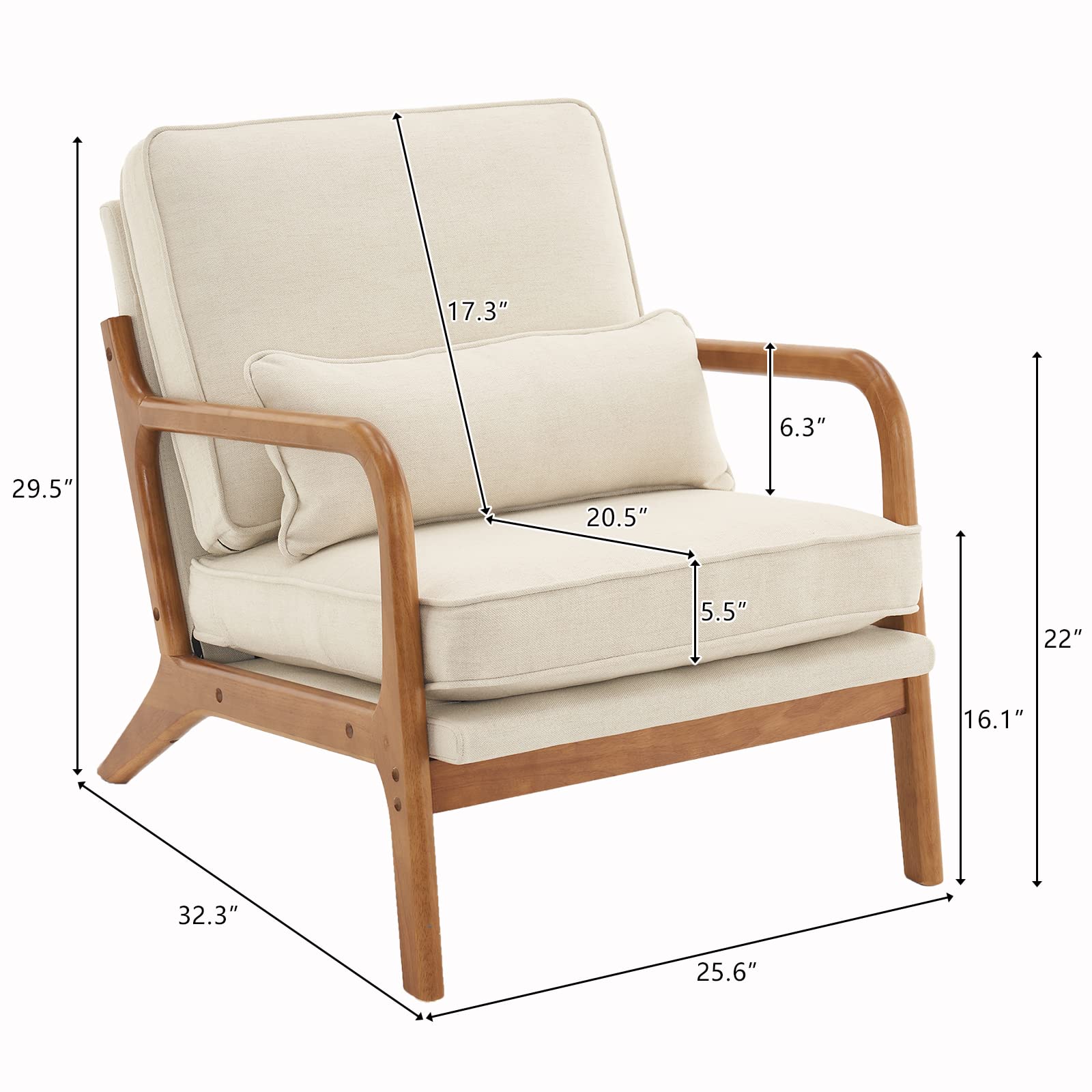 Mid-Century Accent Chair with Pillow, Solid Wood Frame – Beige