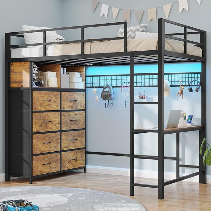 Twin Loft Bed with Desk, 8 Storage Drawers & LED Lights