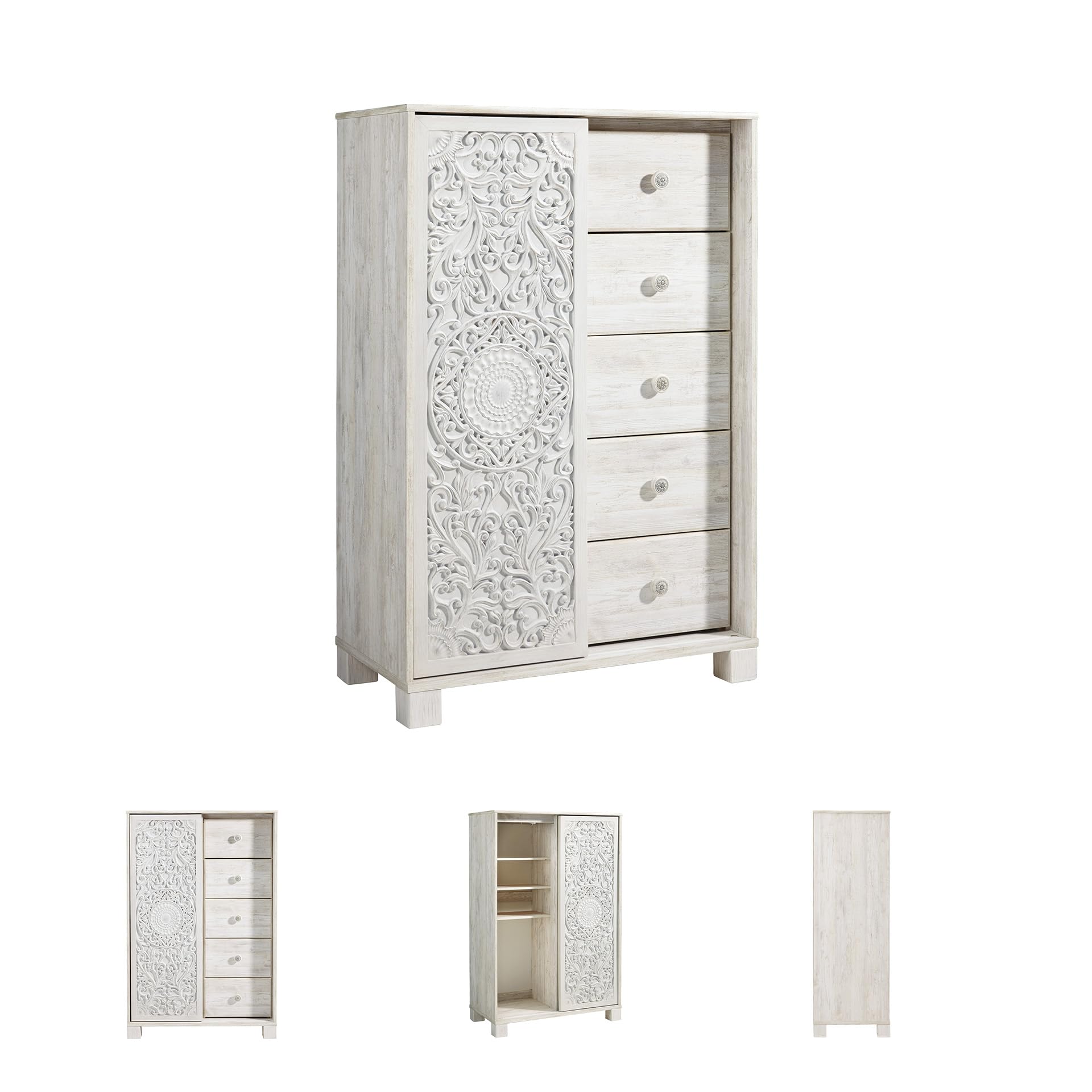 Signature Design by Ashley Paxberry Boho 5 Drawer Dressing Chest with Slider Door & 3 Adjustable Shelves, Whitewash