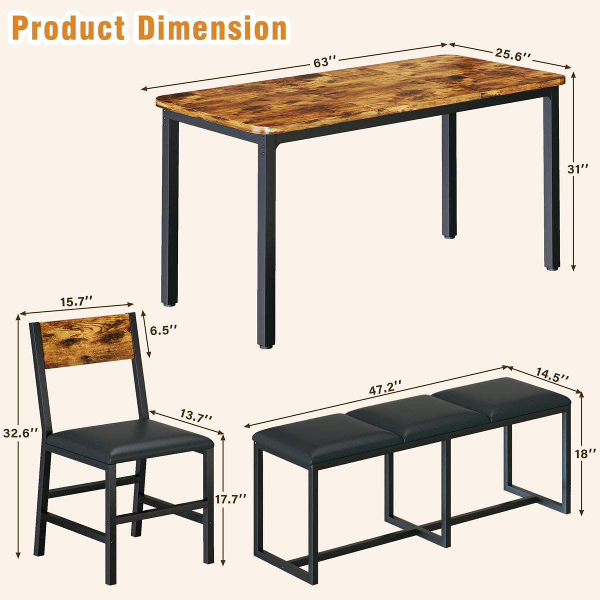 5-Piece Dining Table Set for 6, 63'' Long Kitchen Table Cushion Chairs Set with PU Bench and 3 Chairs, Rectangle Dining Table with Metal Frame & MDF Board, Space-saving for Small Apartment, Rustic