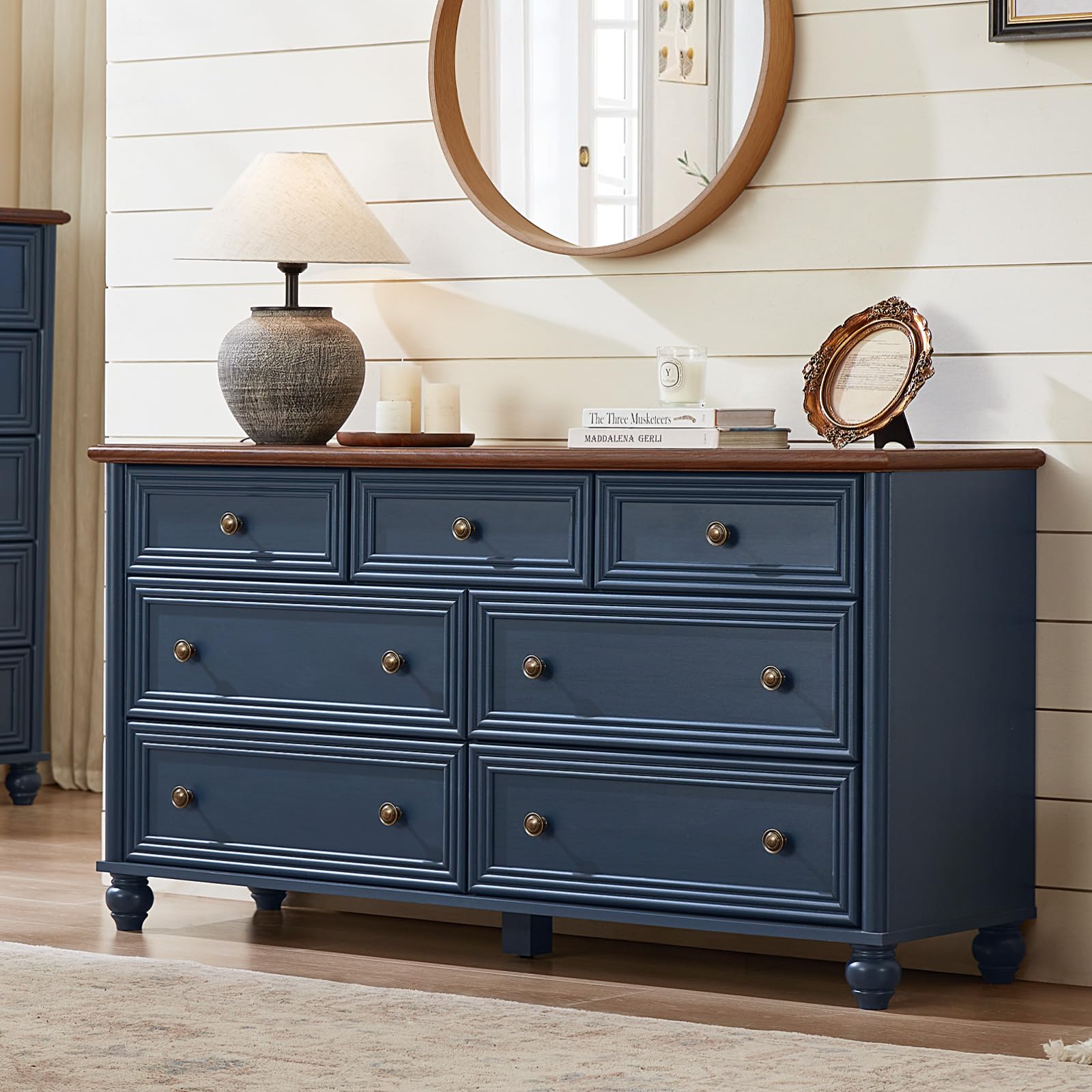 RWYHG Farmhouse Dressers and Nightstand Set of 3, Wood 54" Wide 7 Drawer Dresser 14'' Narrow Side Table with Charging Station, Roman Column Bedroom Furniture Dressers Sets for Home Living Room Hallway