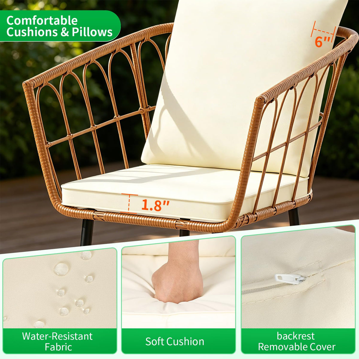 FDW 3 Pieces Patio Furniture Set, Patio Furniture Natural Rattan Patio Chairs Set with Coffee Table Cushion for Patio Porch Backyard Poolside Gardent, Beige