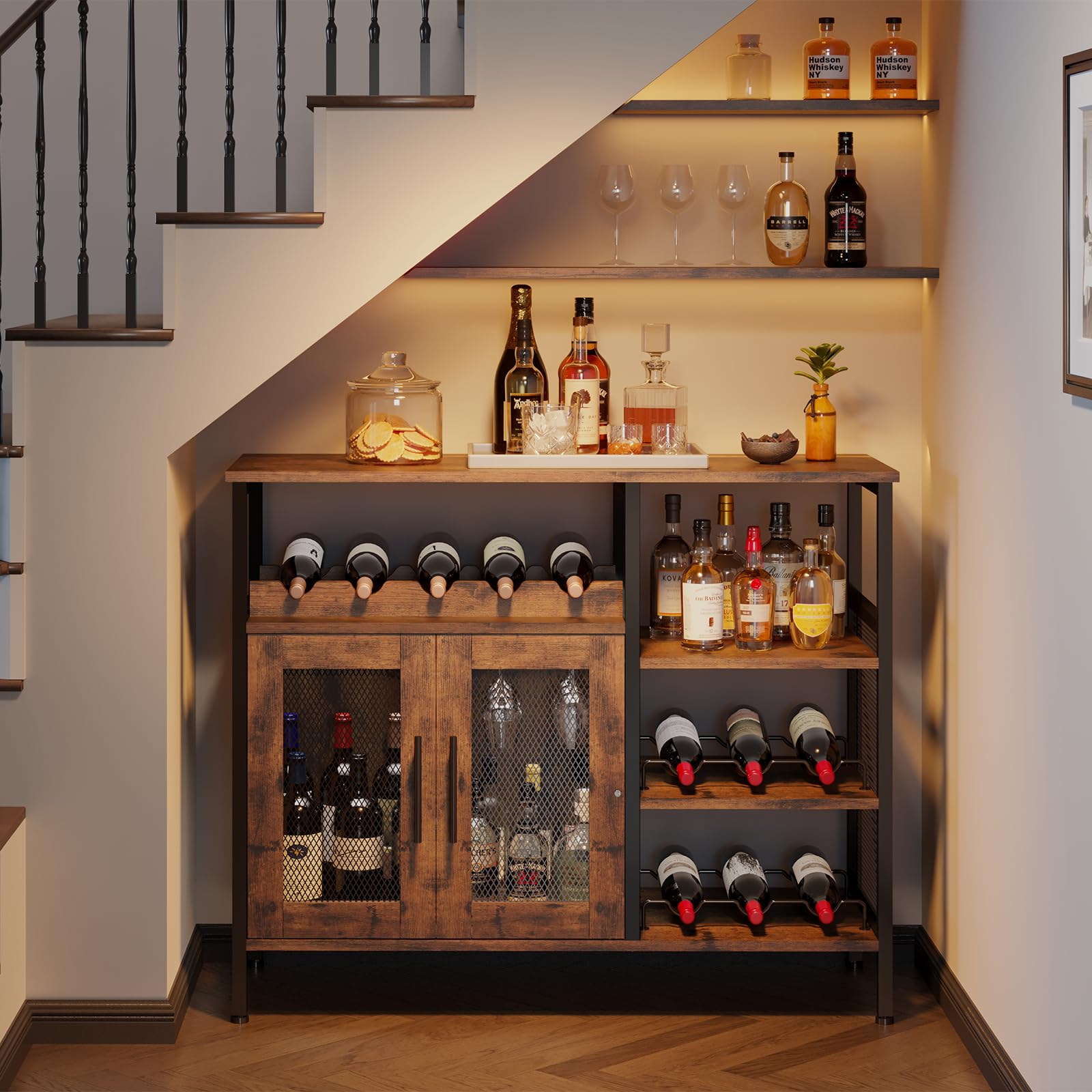 Wine Bar Cabinet with Detachable Wine Rack & Glass Holder