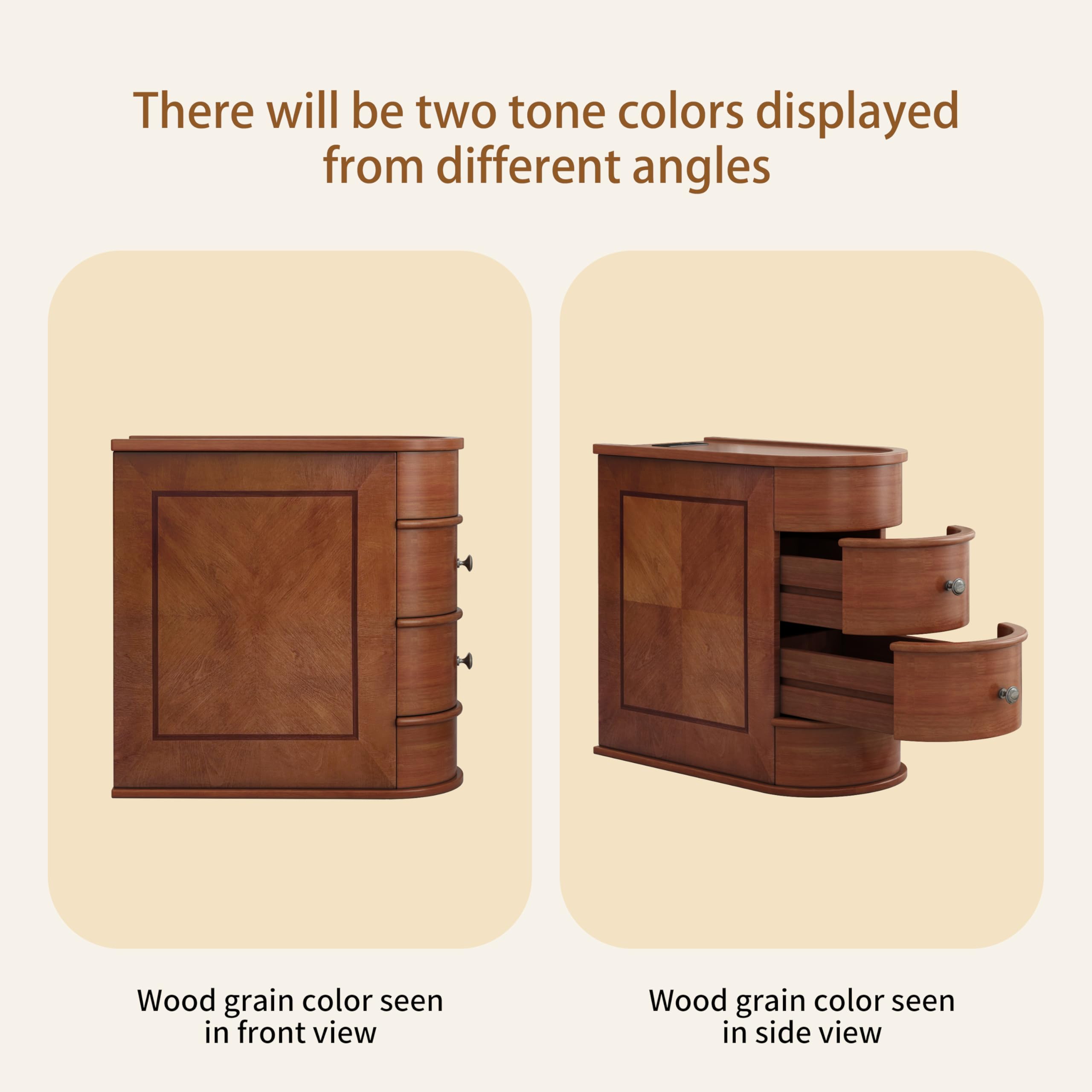 FAVSH Narrow End Table with Charging Station, Vintage Slim Sofa Side Table & Nightstand with 2 Drawers, Compact Wood Storage for Living Room Bedroom Small Spaces, Fully Assembled, Brown
