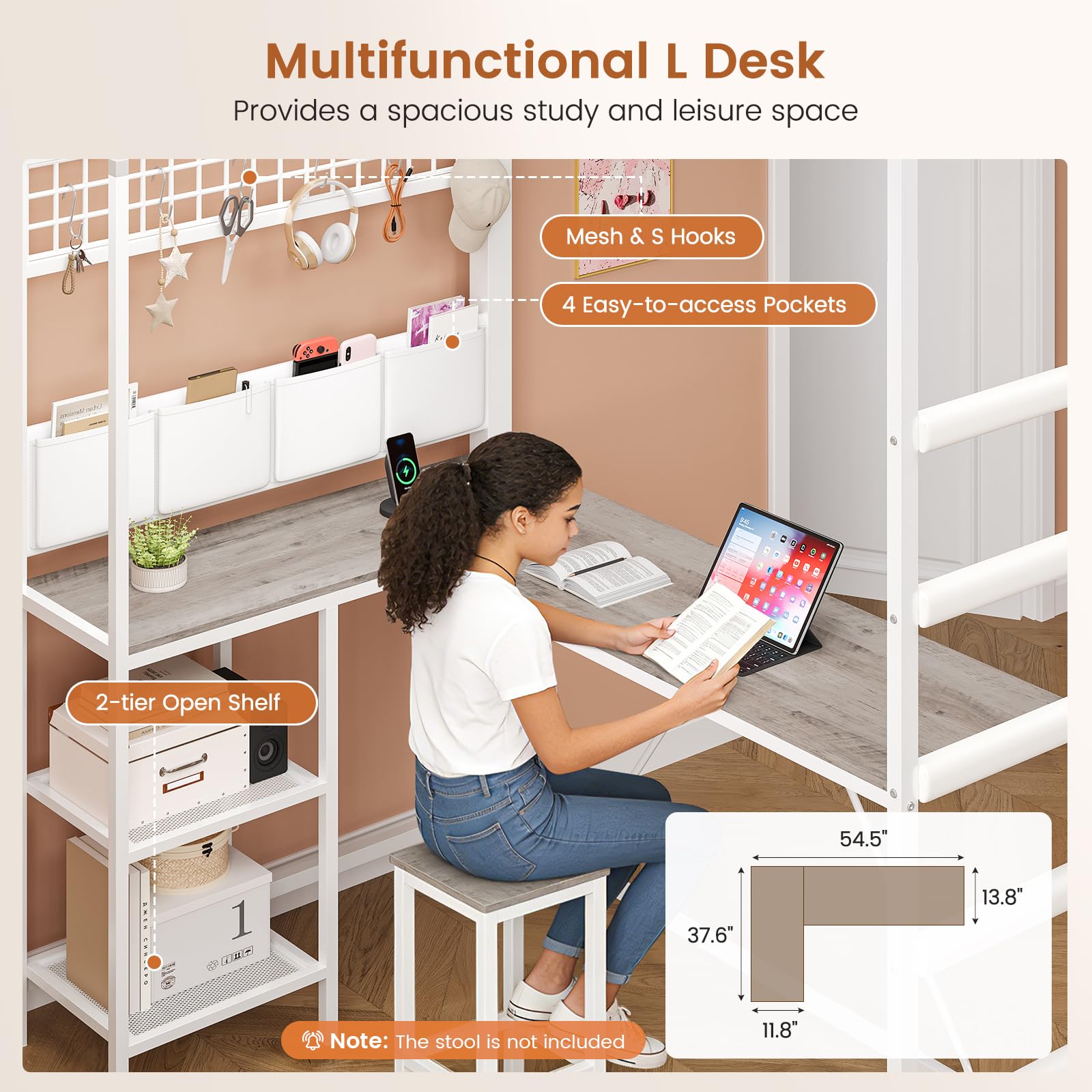 Full Size Loft Bed with Desk, Drawers & LED Lights