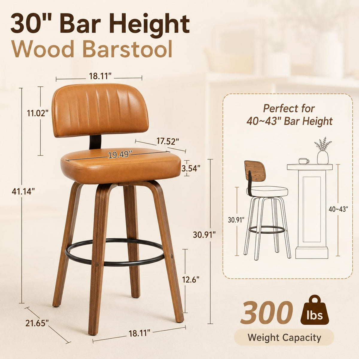 MEKLIBA 30 Inch Bar Stools Set of 2, Swivel Bar Chairs, Bar Height Bar Stools with Backs, Bar Stools for Kitchen Island& Home Bar,Brown
