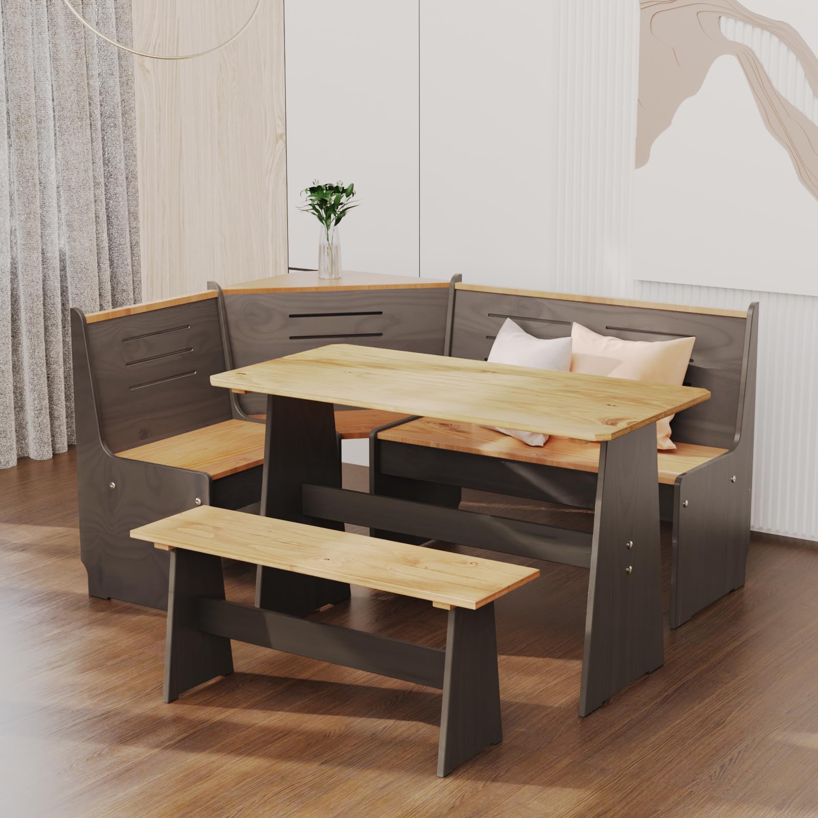 Gracava Breakfast Nook Table Set - L Shaped Corner Solid Wood Kitchen Dining Table with Bench Space Saving Seats 4-6 for Apartment 丨 Black