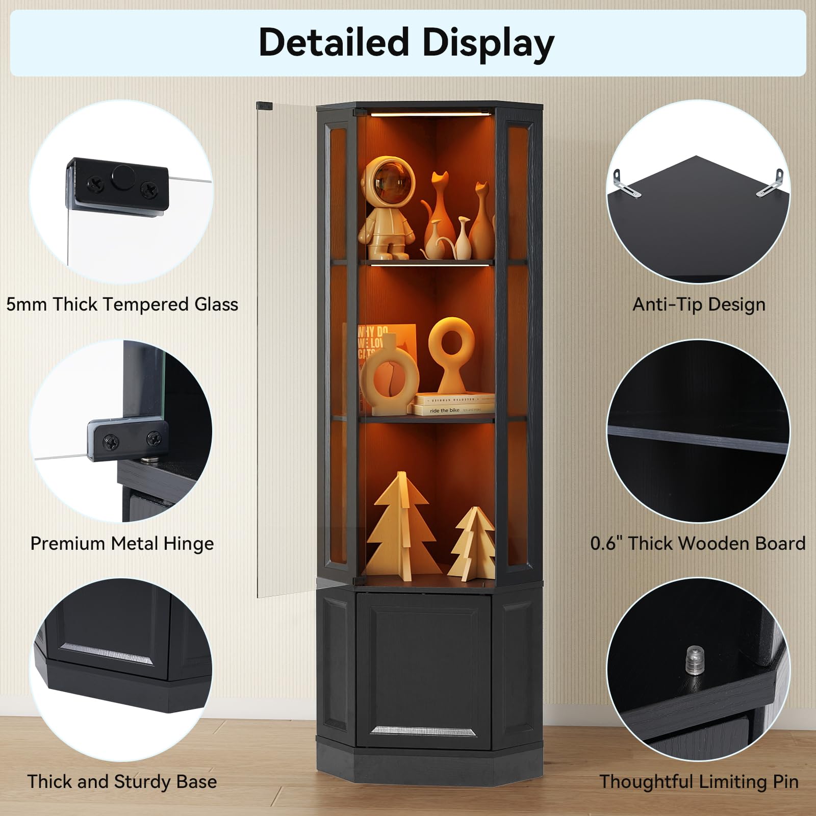 Corner Display Cabinet with LED Lights, 4-Tier Glass Curio Cabinet