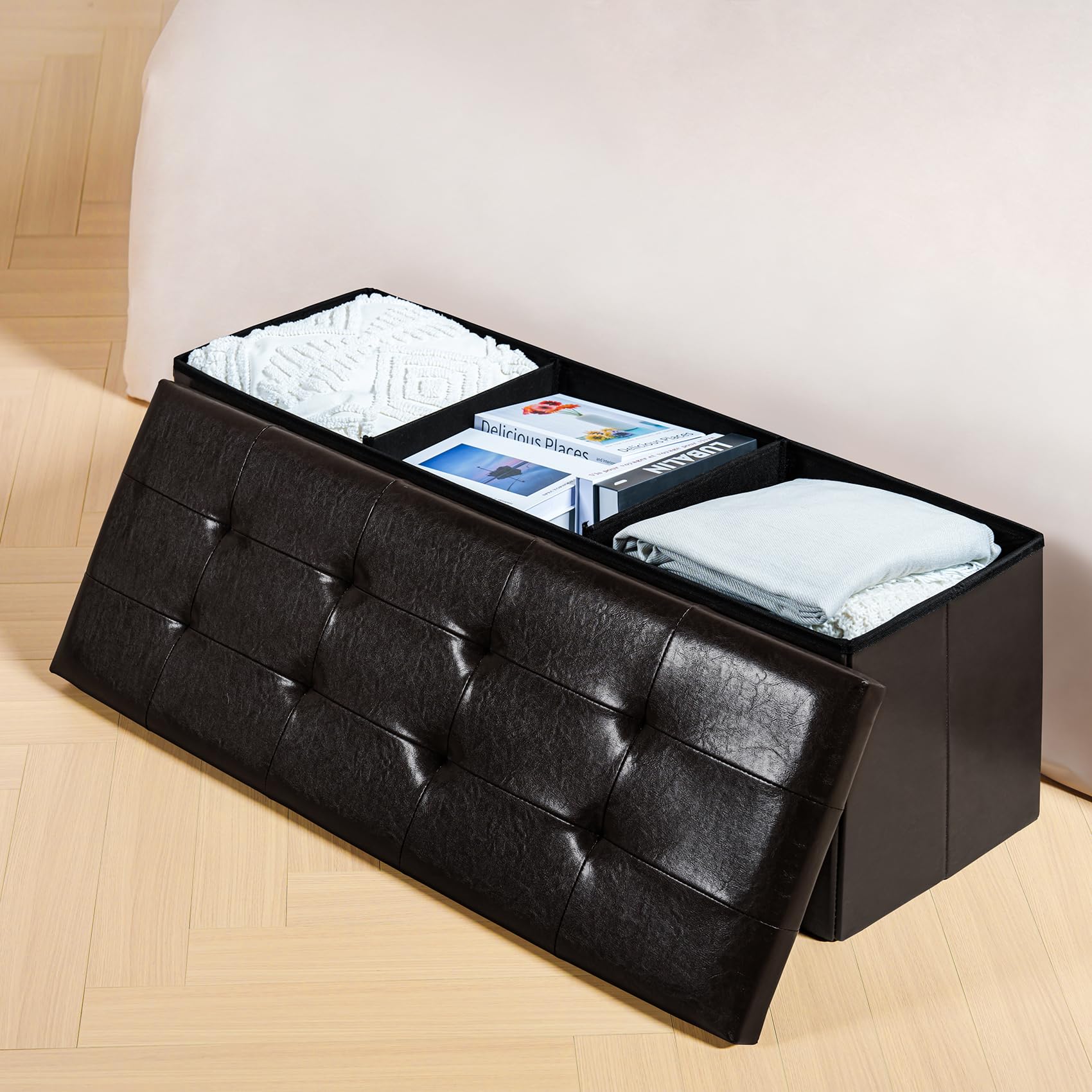 Folding Storage Ottoman Bench with Faux Leather Upholstery