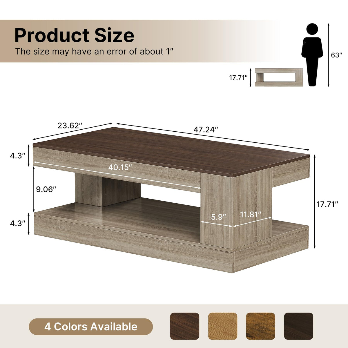 Miereirl Farmhouse Coffee Table with Storage Shelf, 2-Tier Wood Rustic Center Table with LED Light, 47” Rectangular Tea Tables for Living Room, Apartment, Office,Walnut &Light Ash White