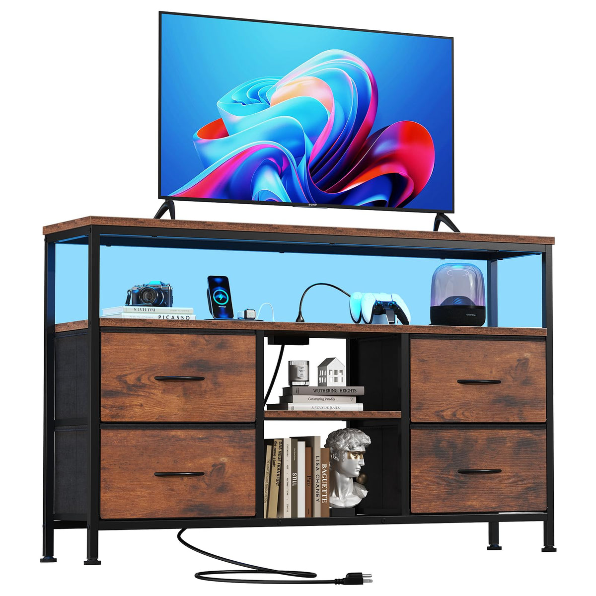 Sweetcrispy TV Stand with LED Lights and Power Outlets for Bedroom