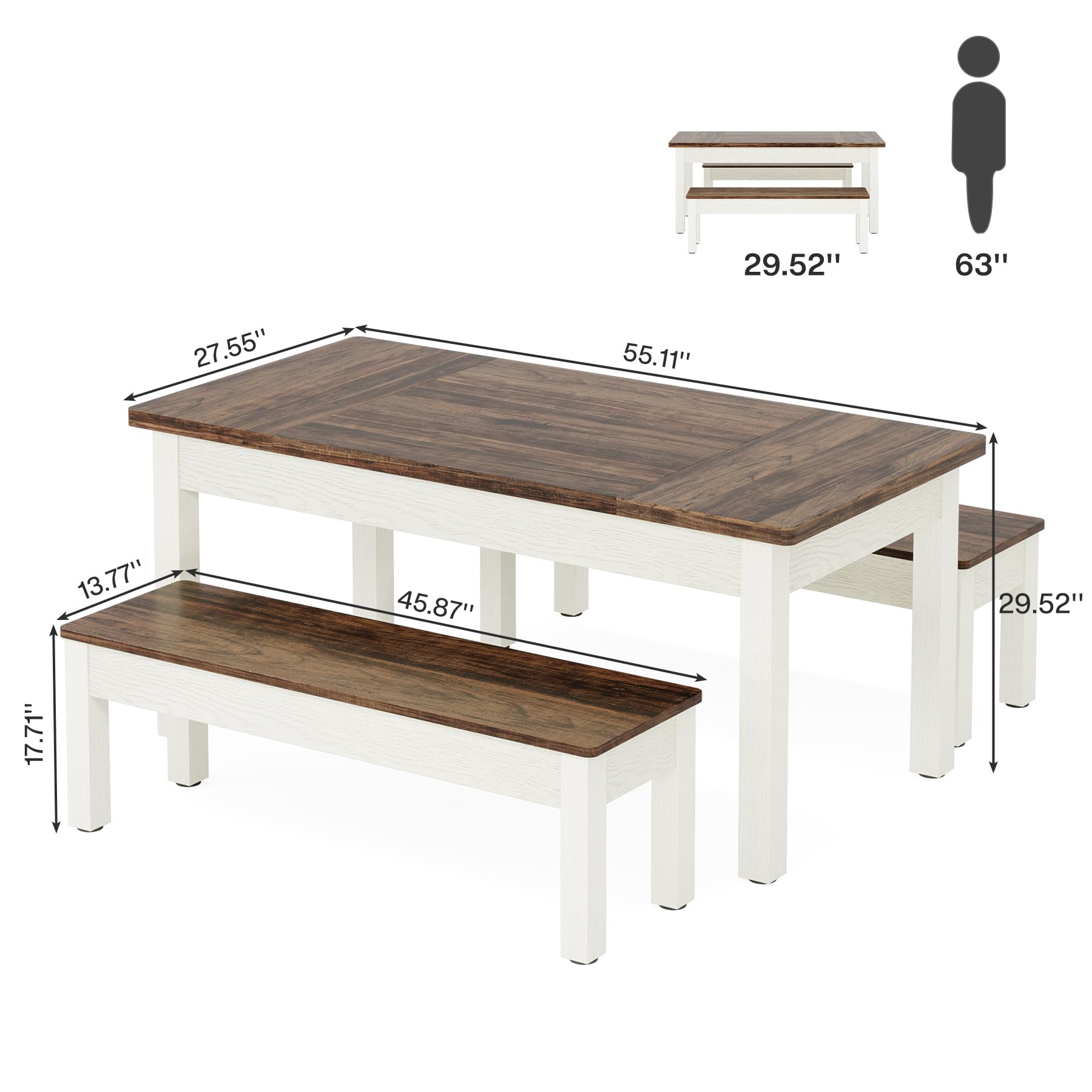 55" Farmhouse Dining Table Set with 2 Benches
