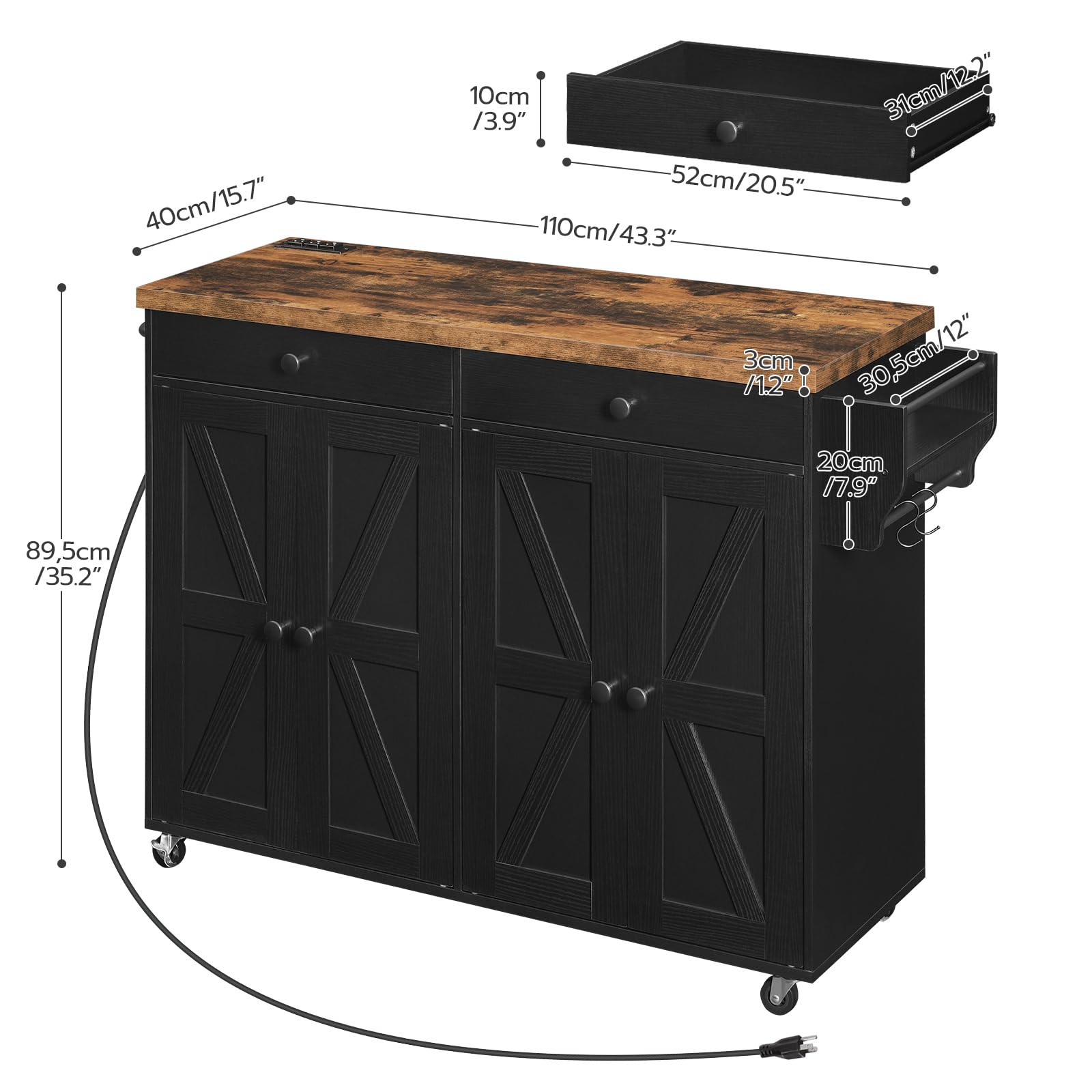 Kitchen Island with Power Outlet and Storage