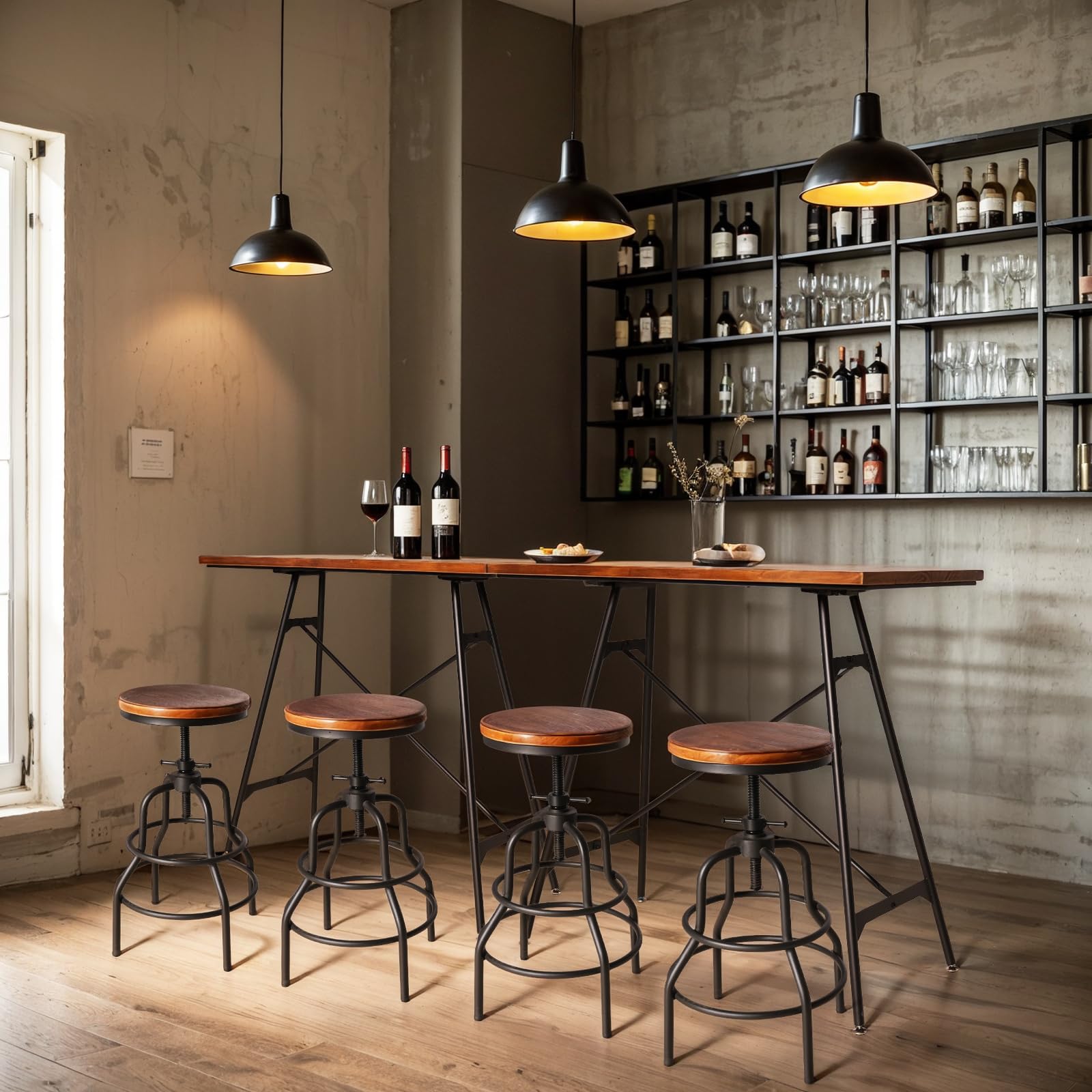 LOKKHAN Modern Industrial High Top Bar Table & Chairs Set with 2 Adjustable Swivel Stools - Black Metal Base & Brown Wood Top - Space-Saving Compact Home Pub Furniture, 45.3" L x 41.34" H