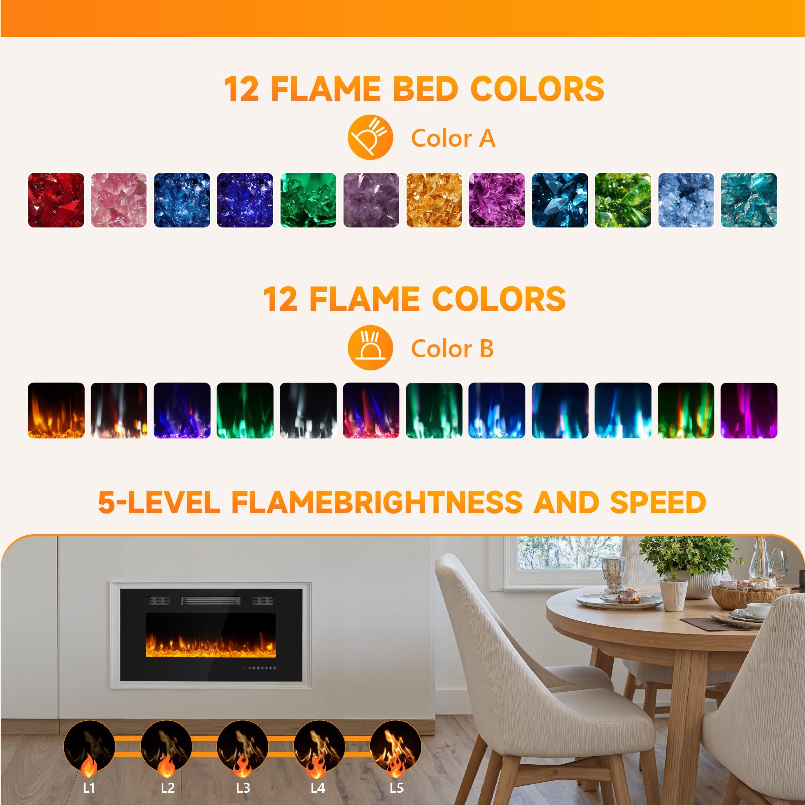 Ariiles 36 Inch Electric Fireplace Insert, Electric Fireplace Wall Mounted with Remote & Timer, Low Noise Heater Fireplaces for Living Room, Modern Recessed Fireplaces Decor