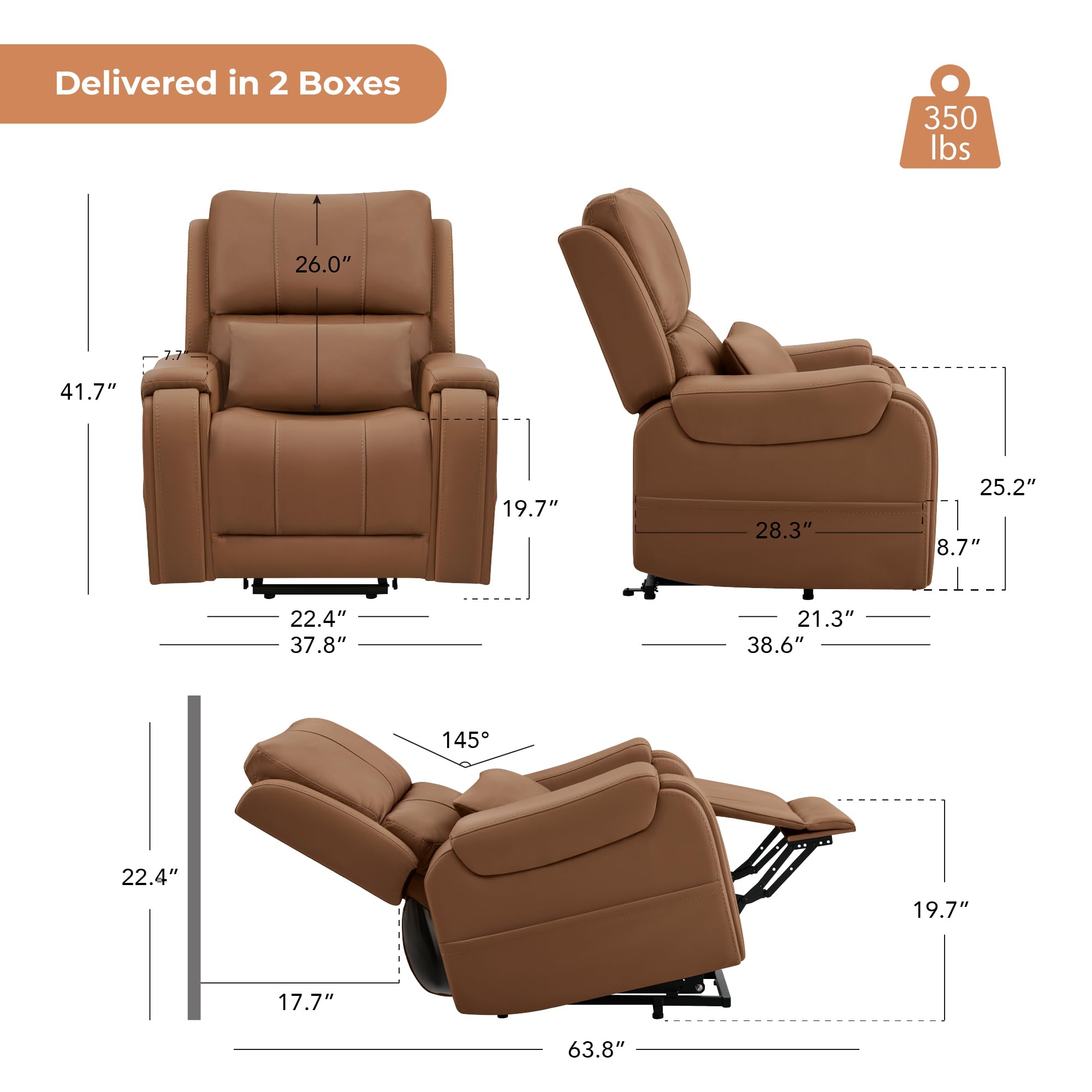 CHITA Power Lift Recliner Chair for Elderly with Heat and Massage, Genuine Leather Electric Lift Chairs with Cup Holder, Removable Lumbar Pillow, 2 Side Pockets, Leather in Saddle