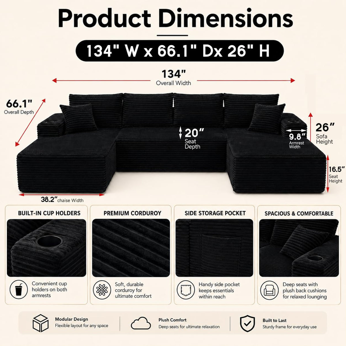 134" U-Shaped Boneless Couch,Modular Sectional Sofa with Foam Springs,Black