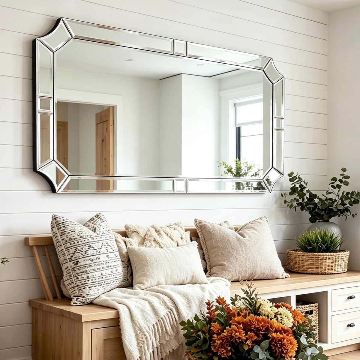 Chende 30"x59" Large Full Length Mirror with 4MM Thick Glass Pieces Frame for Dressing Room, Modern Unique Living Room Wall Mirror with Sturdy Wood Backboard, Horizontal/Vertical Hanging