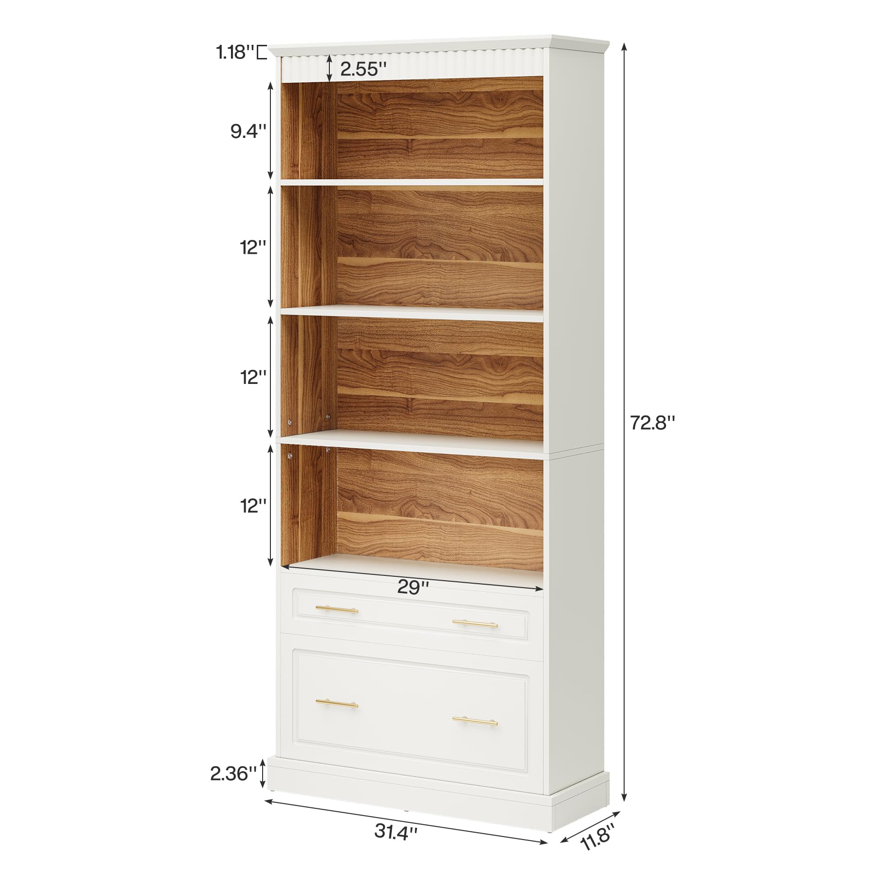 Tribesigns 5-Shelf Bookcase with File Cabinet Drawer, 72" Tall Bookshelf, Modern Free-Standing Wood Bookcase, Large Open Display Storage Book Shelf for Living Room (1, White)