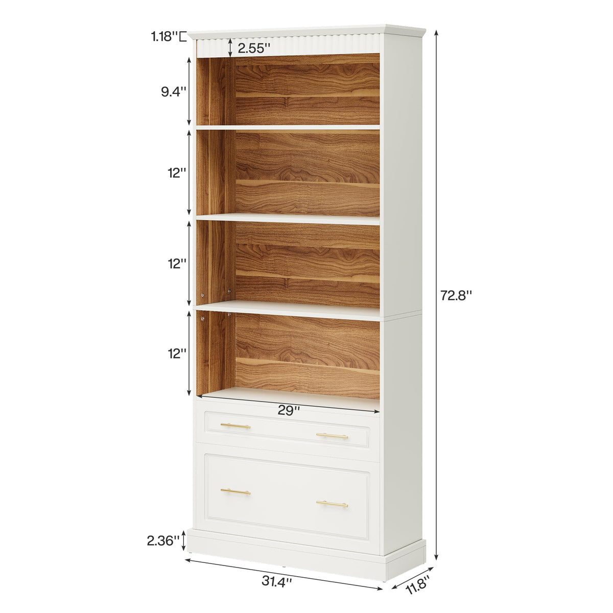 White 5-Shelf Bookcase Set with Drawers