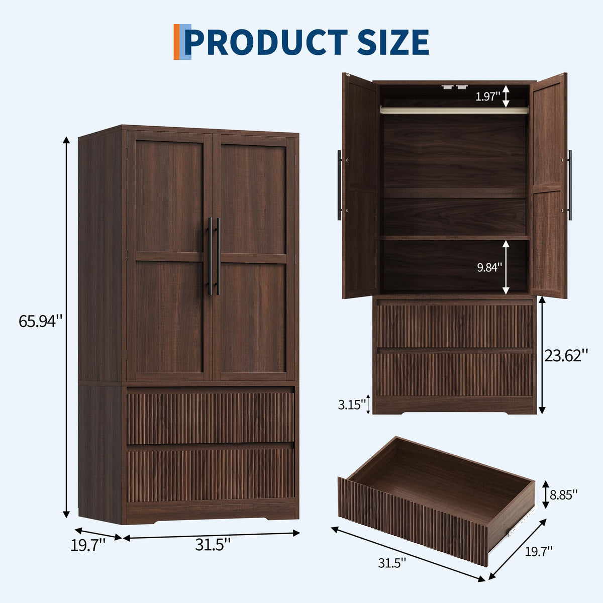 IDEALHOUSE Bedroom Armoire Wardrobe Closet w/ Wood Door & 2 Fluted Drawers