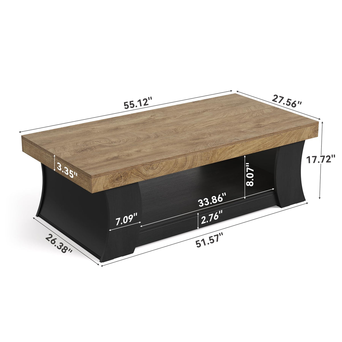 LITTLE TREE 55" Coffee Table, Living Room Table with Storage Shelf, Wooden Coffee Table, Modern Farmhouse Rectangle Center Table for Living Room, Bedroom, Office, Rustic Brown+Black