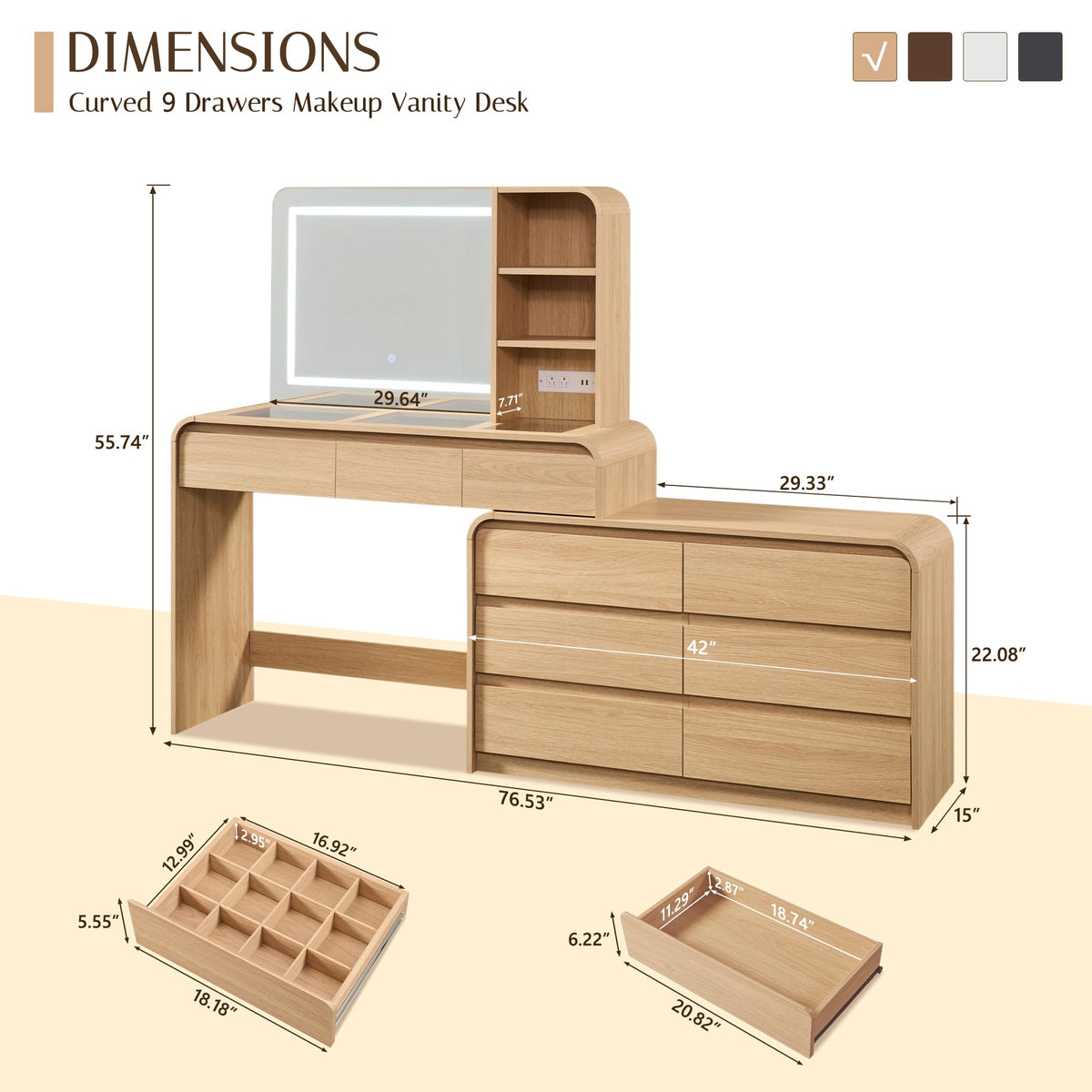 76" L-Shaped Vanity Desk with Mirror and Lights & Power Outlet, Natural
